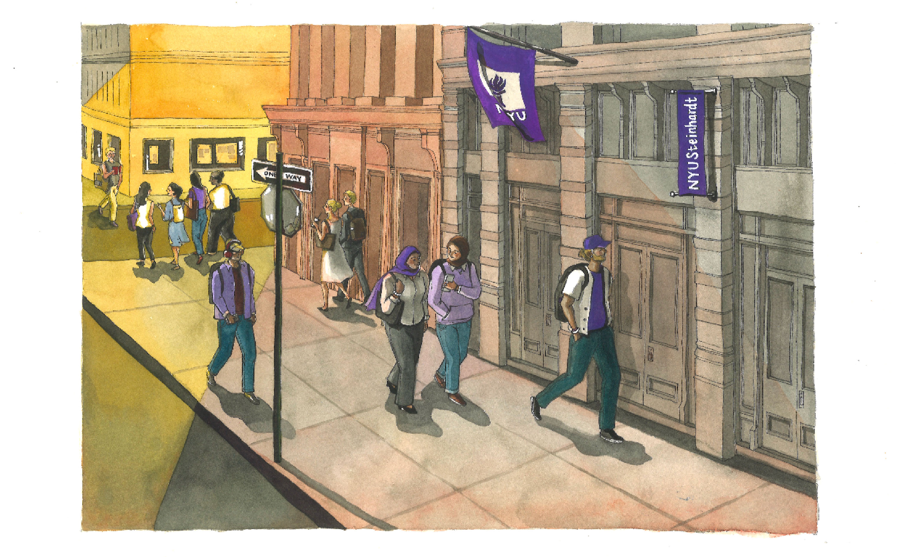 Depicting the light and foot traffic during a morning commute at NYU. “This cross section is next to Washington Square Park and every morning I need to walk…down the street and go to Bobst Library,” says Sissi. “I always loved the sunlight in the morning and in the afternoon.”