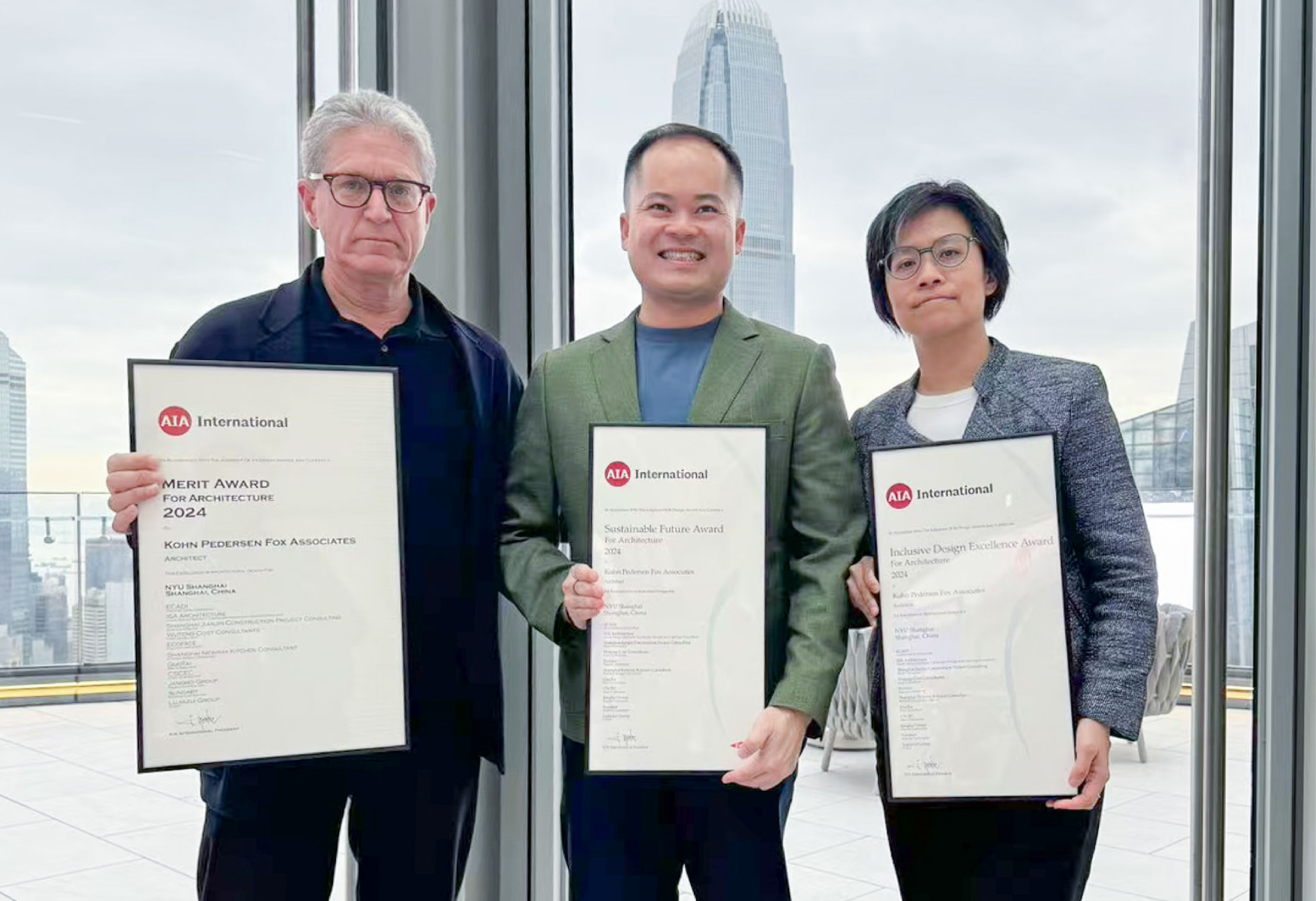 From left to right: KPF President James von Klemperer, Assistant Vice Chancellor for Student Affairs David Pe, and Director of KPF’s Shenzhen office Florence Chan at the AIA International Awards in Hong Kong. 