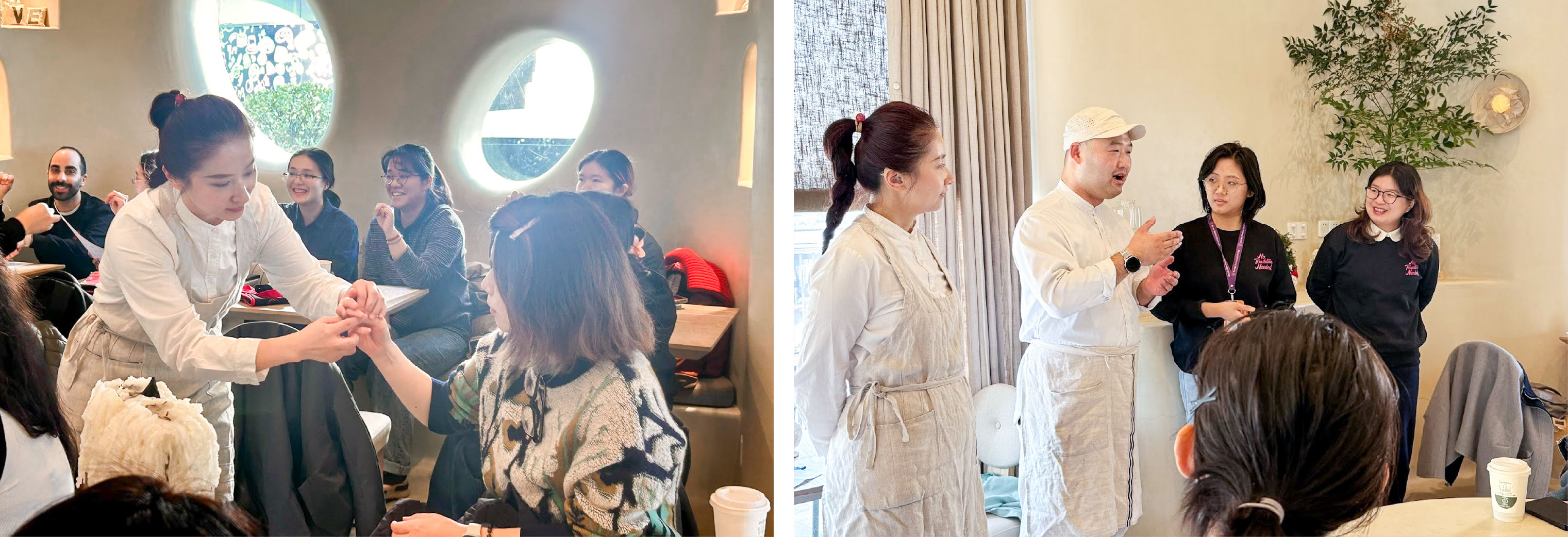 Left:  Tingting (lili time cafe staff is helping with the learning sign language, she is also a person with hearing impairment）.Right photo: 婷婷 Tingting (coffee staff）, Liu Bao 刘宝（coffee staff）， Garciel Pu ’28( No Translation Needed Commitee member, and translator), 小米xiaomi (Lili Time co-founder) 