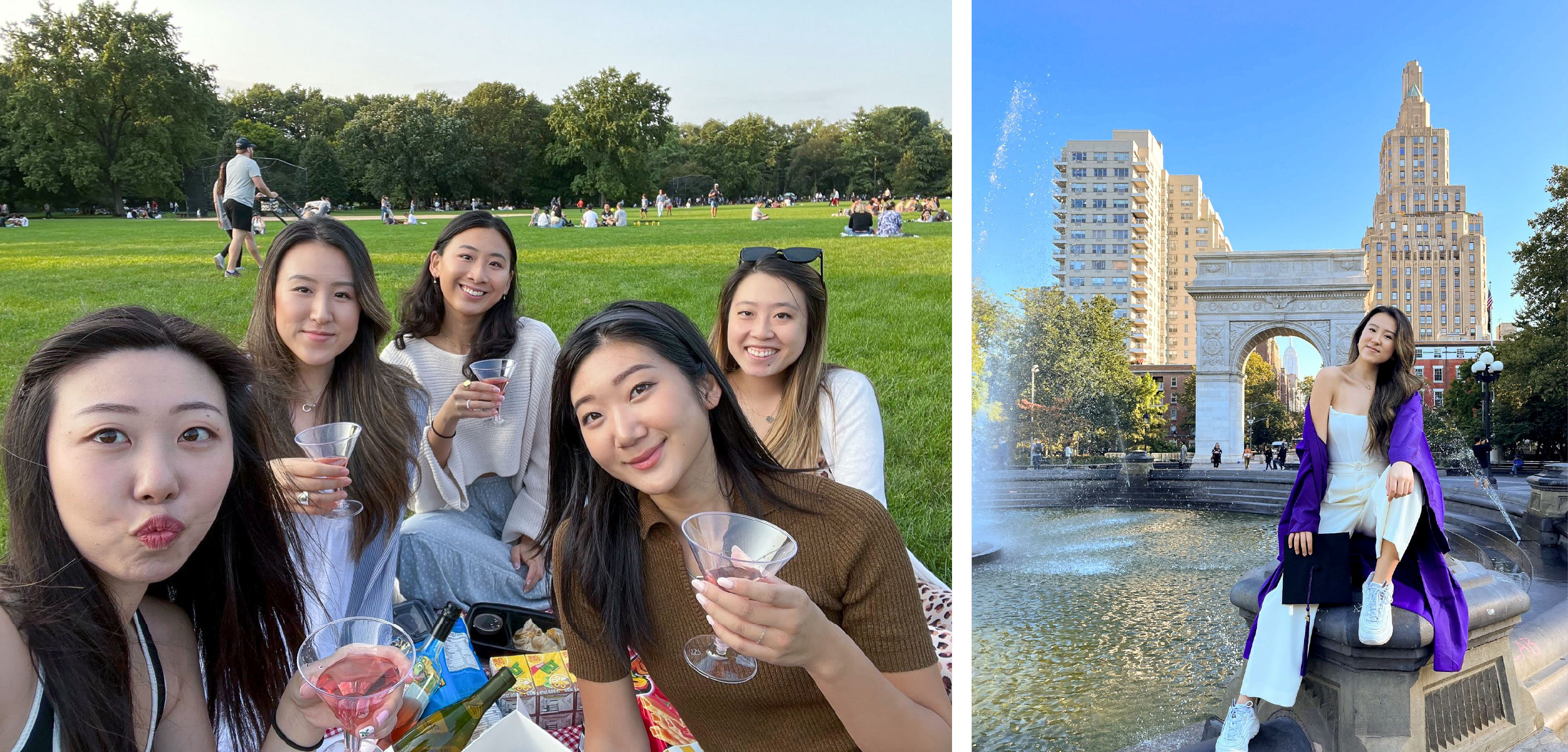 Left: A fall picnic with friends in Central Park during Sally’s 2022 fall semester study away in New York City. Right: Taking graduation photos at Washington Square Park in New York City.