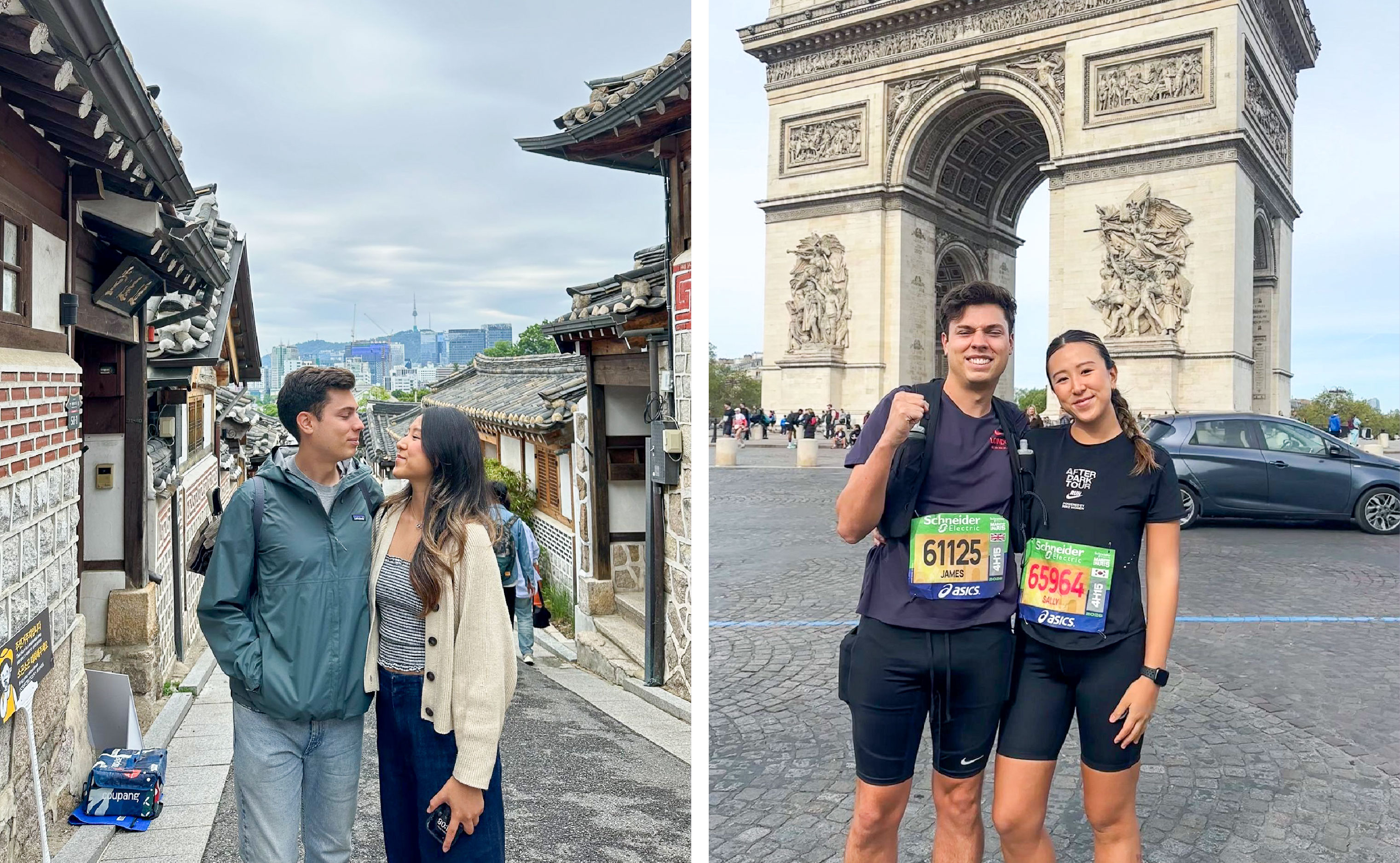 Left: Travelling with her partner in Seoul, Korea. Right: Posing in front of the Arc de Triomphe after completing a marathon in Paris.