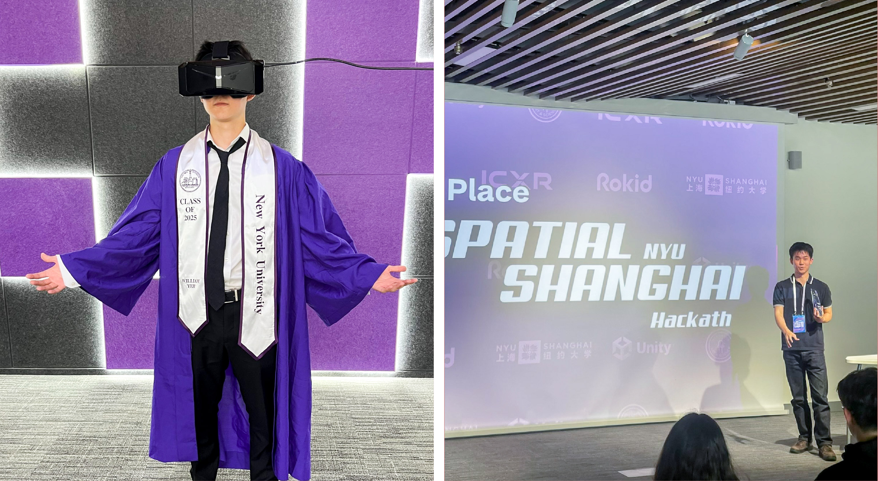 William Yeh ’25 posing in his graduation gown in the XR Lab he helped establish (left) and speaking at the first Spatial Hackathon in 2025 (right).