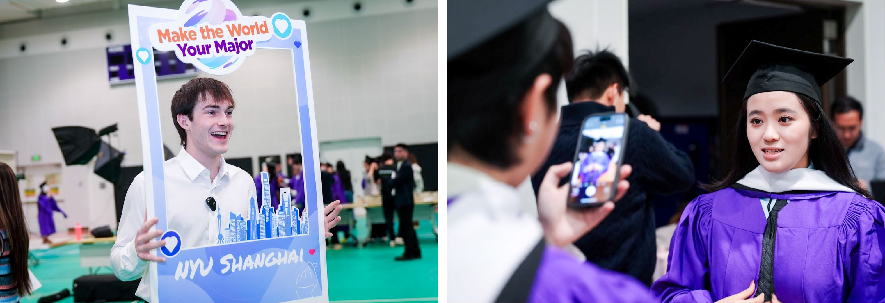 Left: Theordore Tolan ’26 poses with a prop during senior portrait shooting. Right: XXX commemorates the moment with a photo