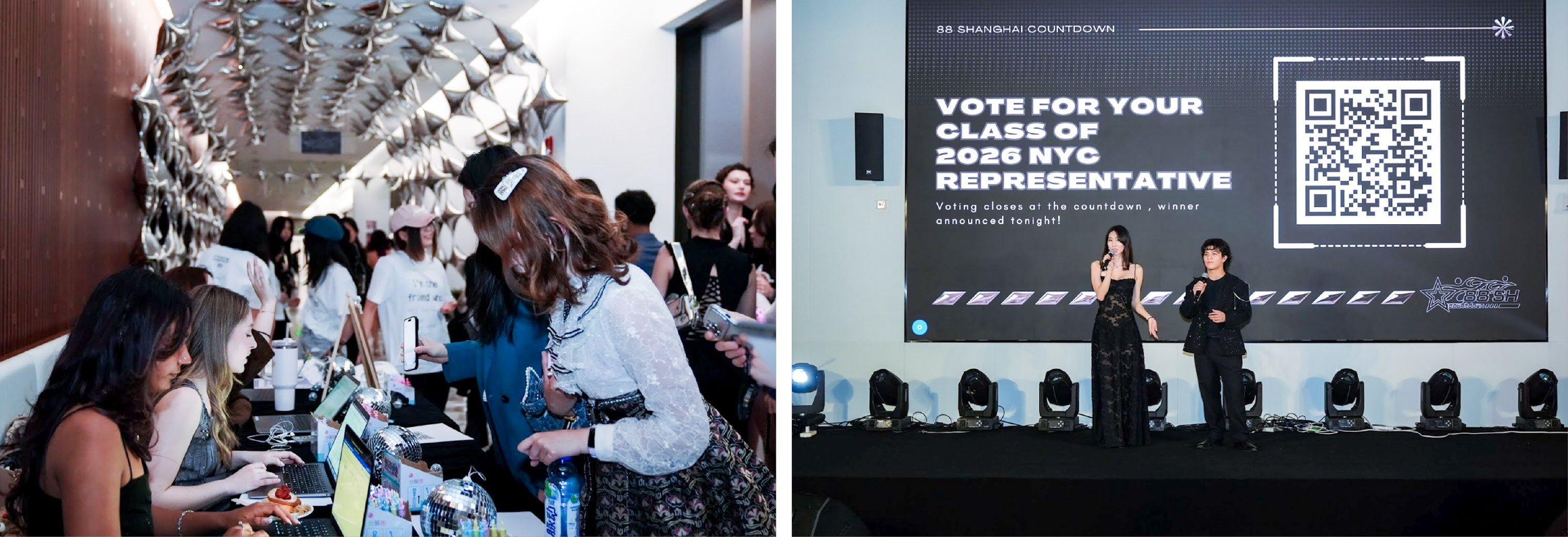 Left: The Student Commencement Committee helps check in guests at the 88 Days senior gala. Right: Hosts Enni Erdenbat and Daniel Woc collect votes for the 2026 class representative to see who will attend NYU’s graduation ceremony in New York City.