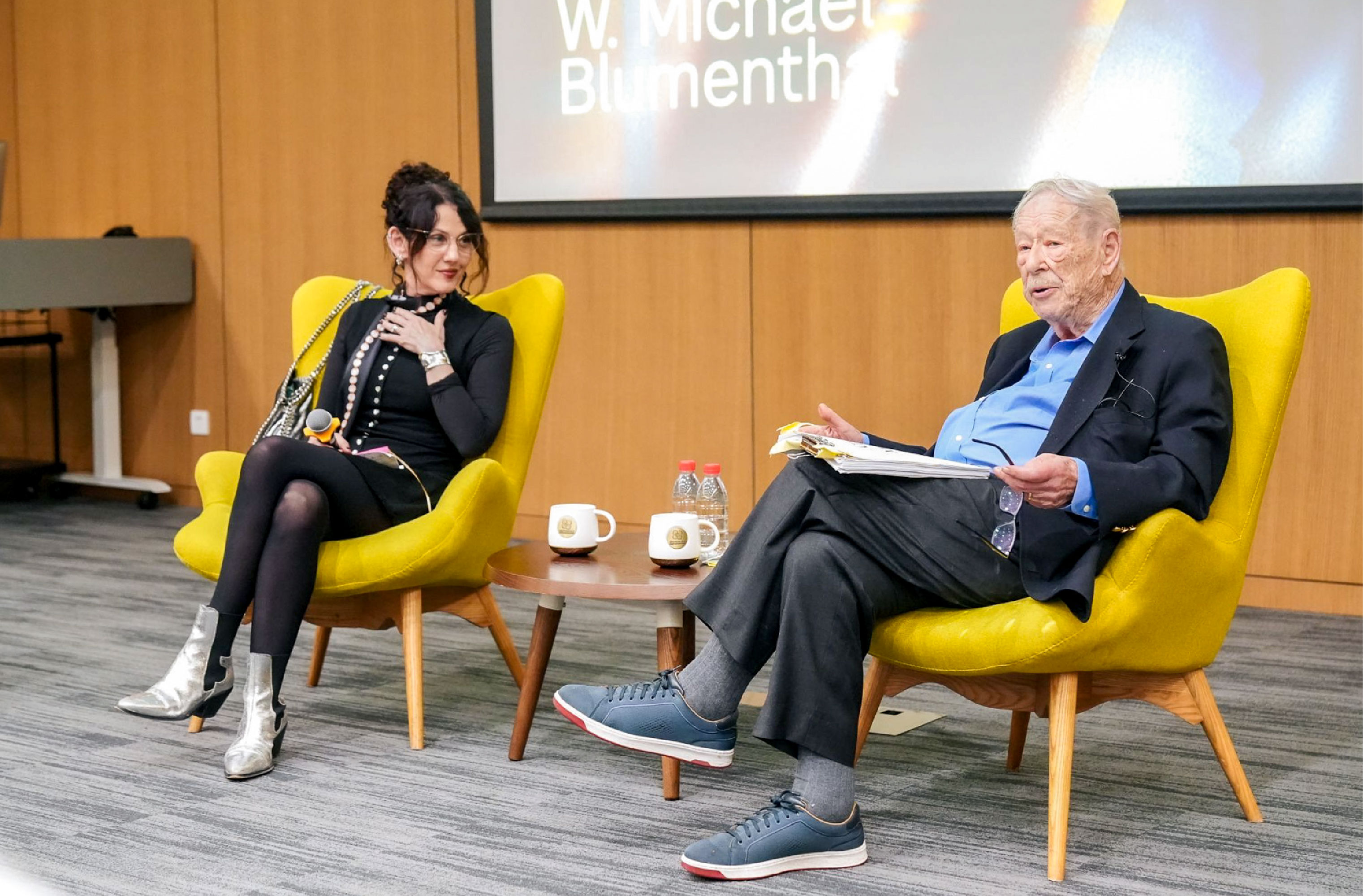 W. Michael Blumenthal (right) in conversation with author Rachel DeWoskin