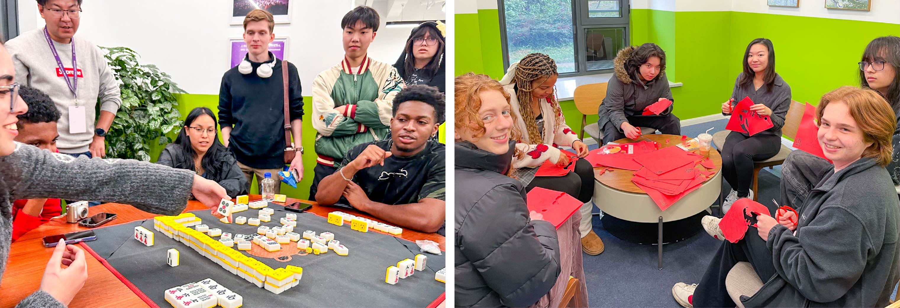 Study away students in a spirited game of mahjong (left) and learning to make papercuts (right)