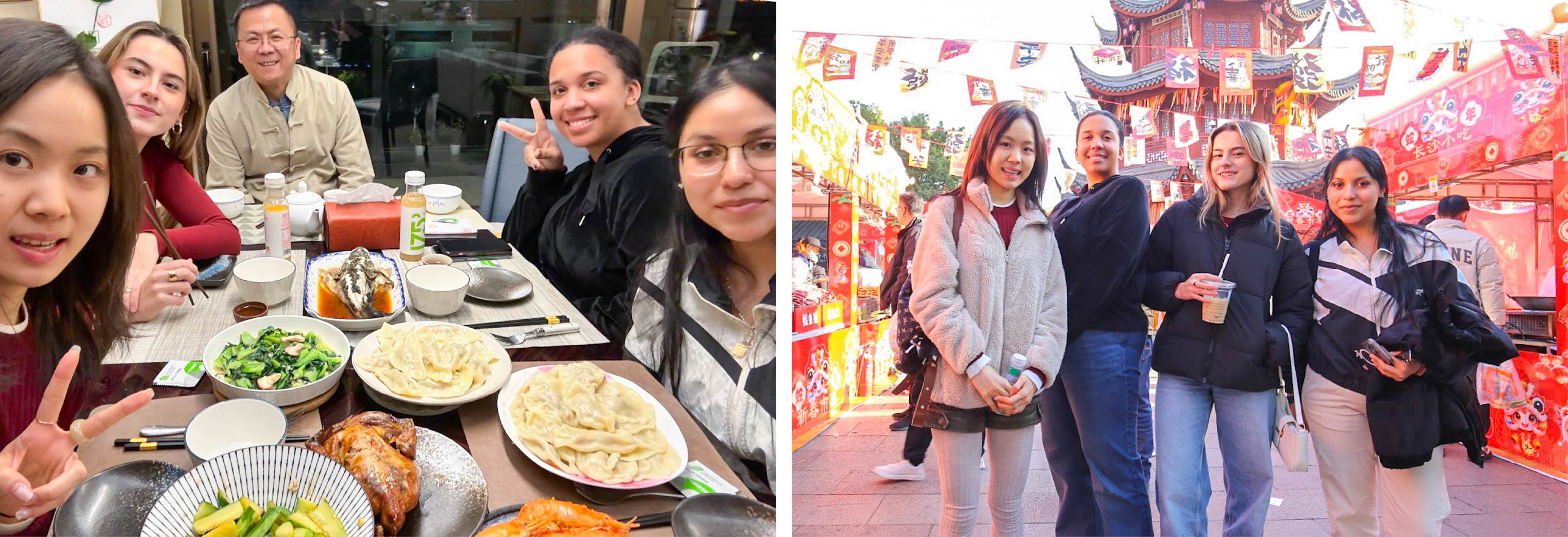 students enjoying a meal and visiting an ancient town