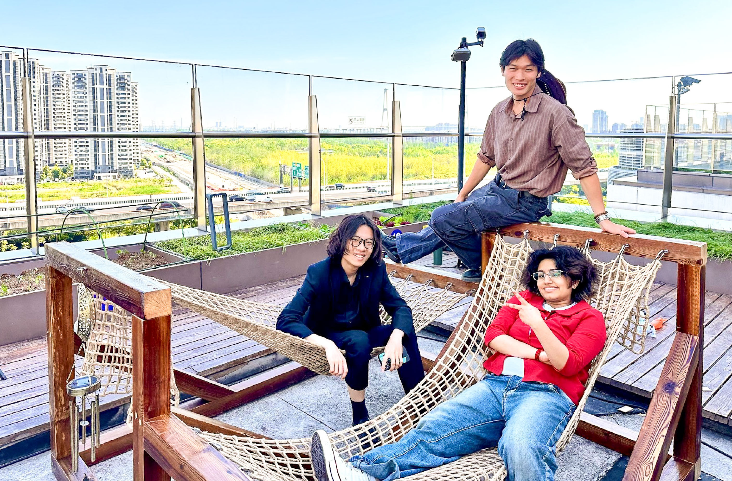 From left to right: Kangkang Jiang, Evan Pan, Siri Shetty with their design “Wind Chime”