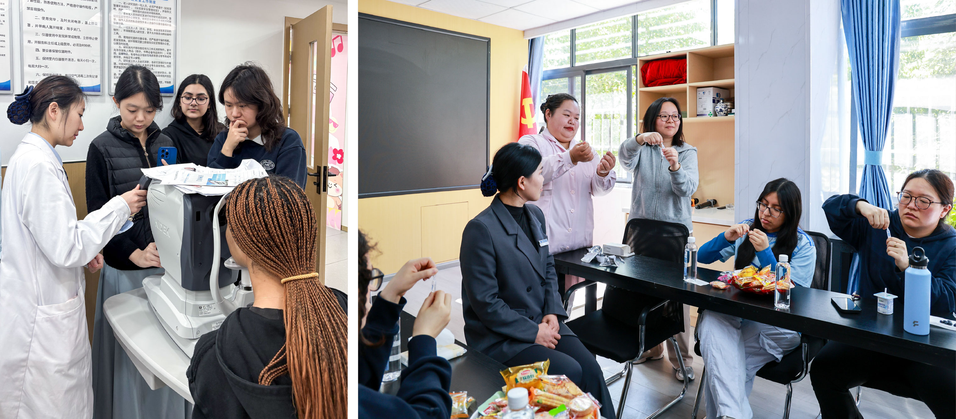 Left: Students learn to use ophthalmic equipment. Right: Students visited Bijie Huaxia Yangming Eye Hospital, where a nurse taught them  how to properly administer eye drops. 