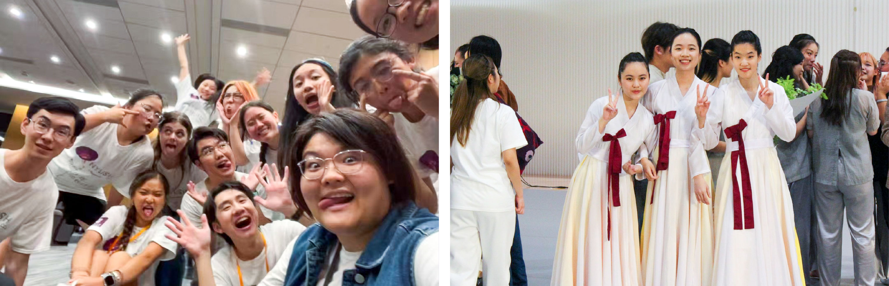 Top left: Luyi and friends pose for a photo during the 2023 College and Career Lab. Top right: Luyi and classmates pose for a photo at the Fall dance concert 2025.