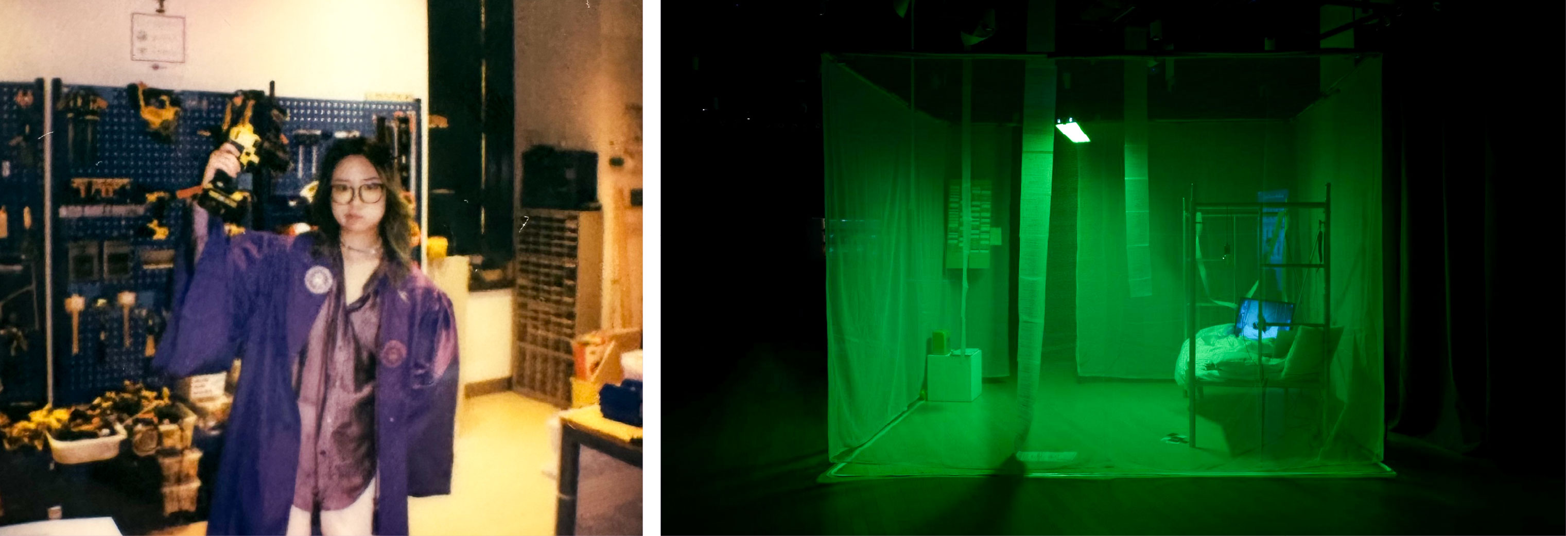 Left: A Polaroid of Annika in her graduation gown, taken in the IMA Fabrication Lab. Right: Blank Room, Annika's capstone installation exploring the phenomenon of "revenge bedtime procrastination," was awarded the Best Immersive Prize.