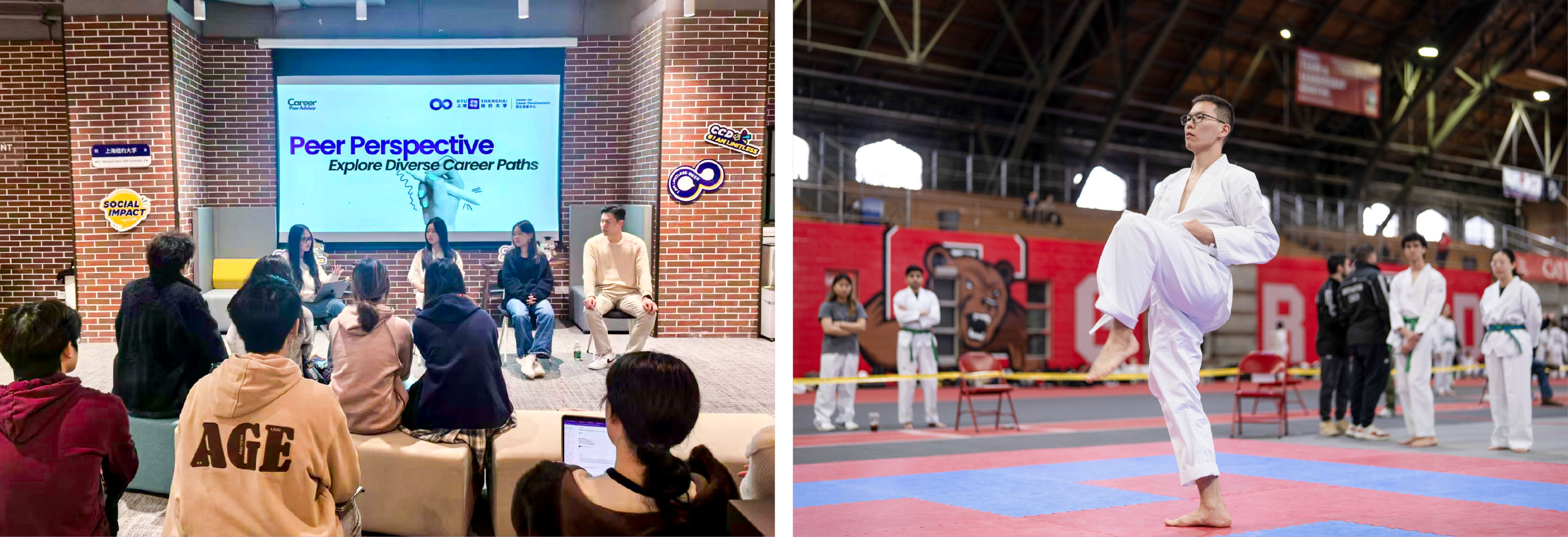 Left: Bayaraa working as a Career Peer Advisor at the Center for Career Development Right: Competing with the NYU Taekwondo Team at a tournament hosted by Cornell during his study away in New York. 