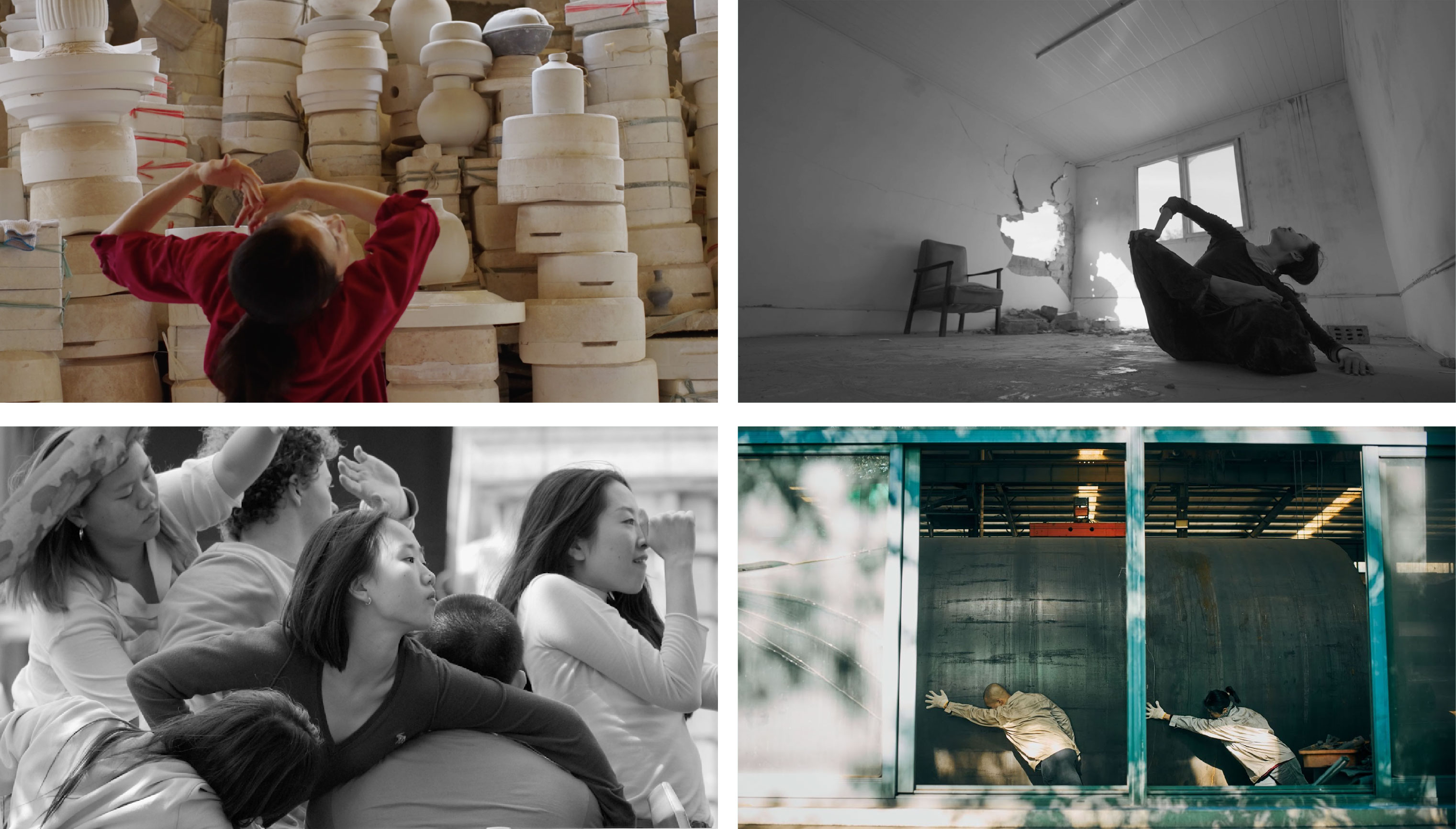 Dance films created by Siye Tao. Top left: Corralling of Circles, a dance inspired by pottery, features a woman who wants to escape from a suffocating daily routine. Top right: Shattered Ripples, a story of a demolished old house and its impact on a young woman. Bottom left: Watch, and Being Watched, a playful idea about exchanging roles between performers and their audience (created and performed with NYU Shanghai alumni). Bottom right: an on-going work in a steel factory. Photo credit: Qingwen Yan.