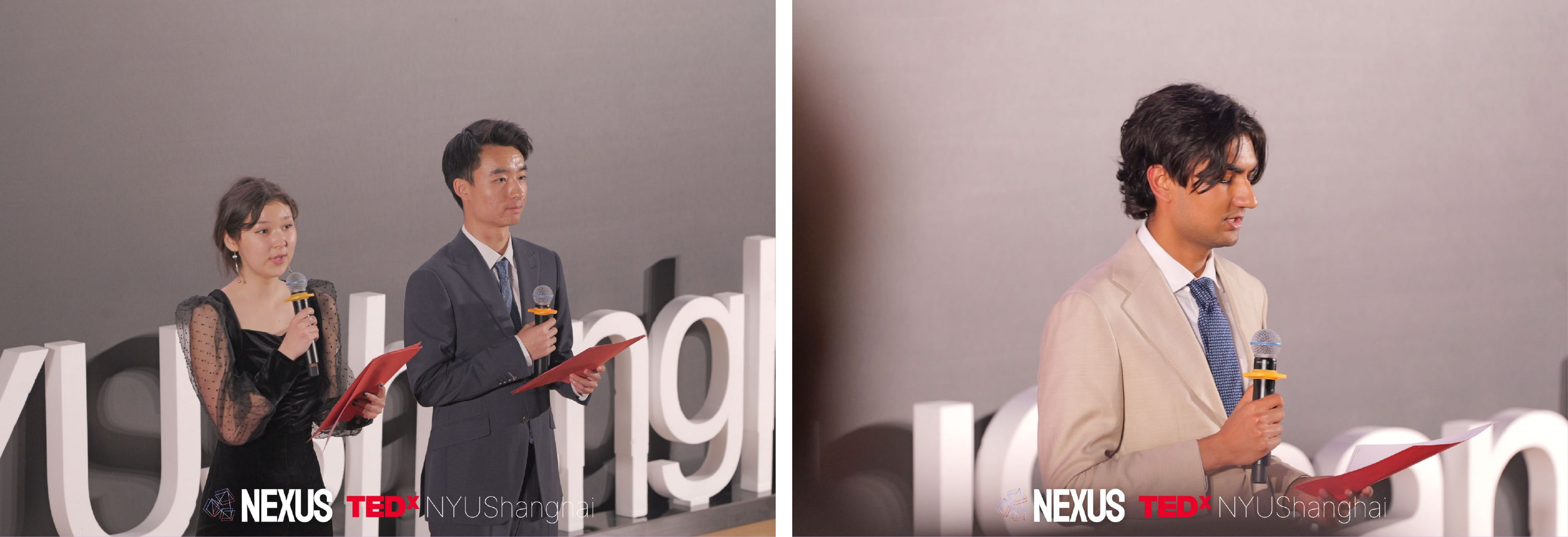 Left: TEDxNYUShanghai Vice President Yerkezhan Zhunusova ’27 and President Ewan Peng ’28. Right: Conference Host Rohan Desai ’27