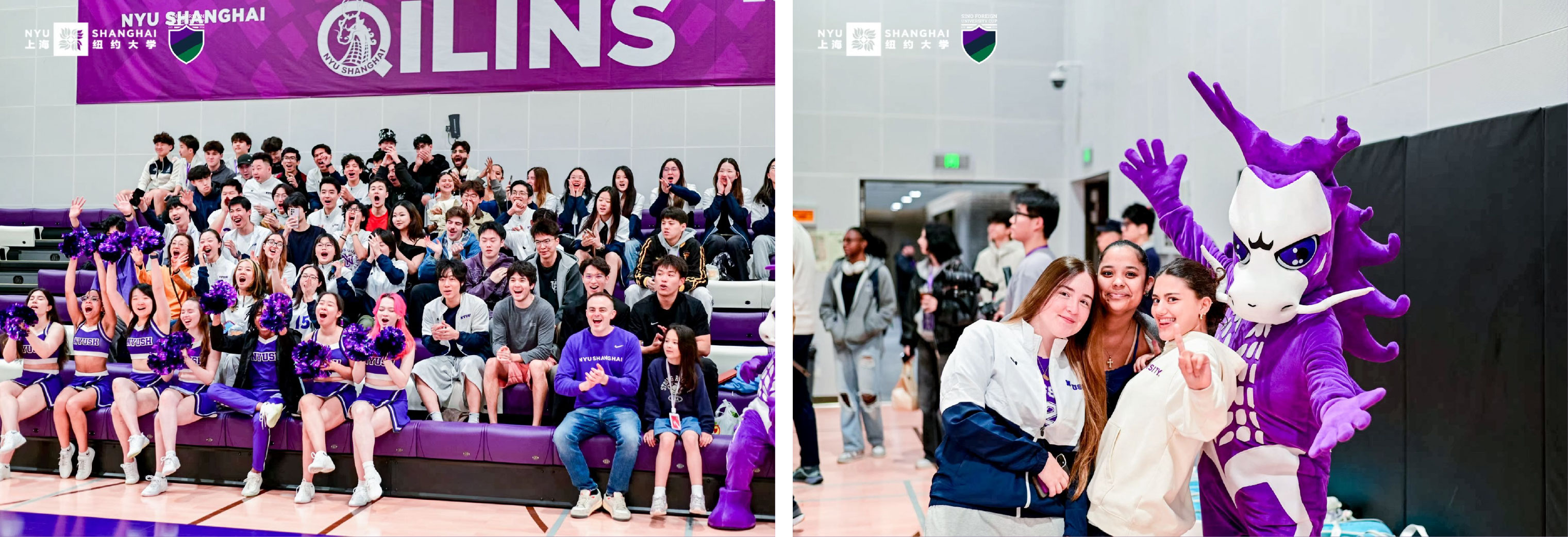 Left: The crowd goes wild with Violet Pride. Right: Qilin and friends strike a pose in the gymnasium