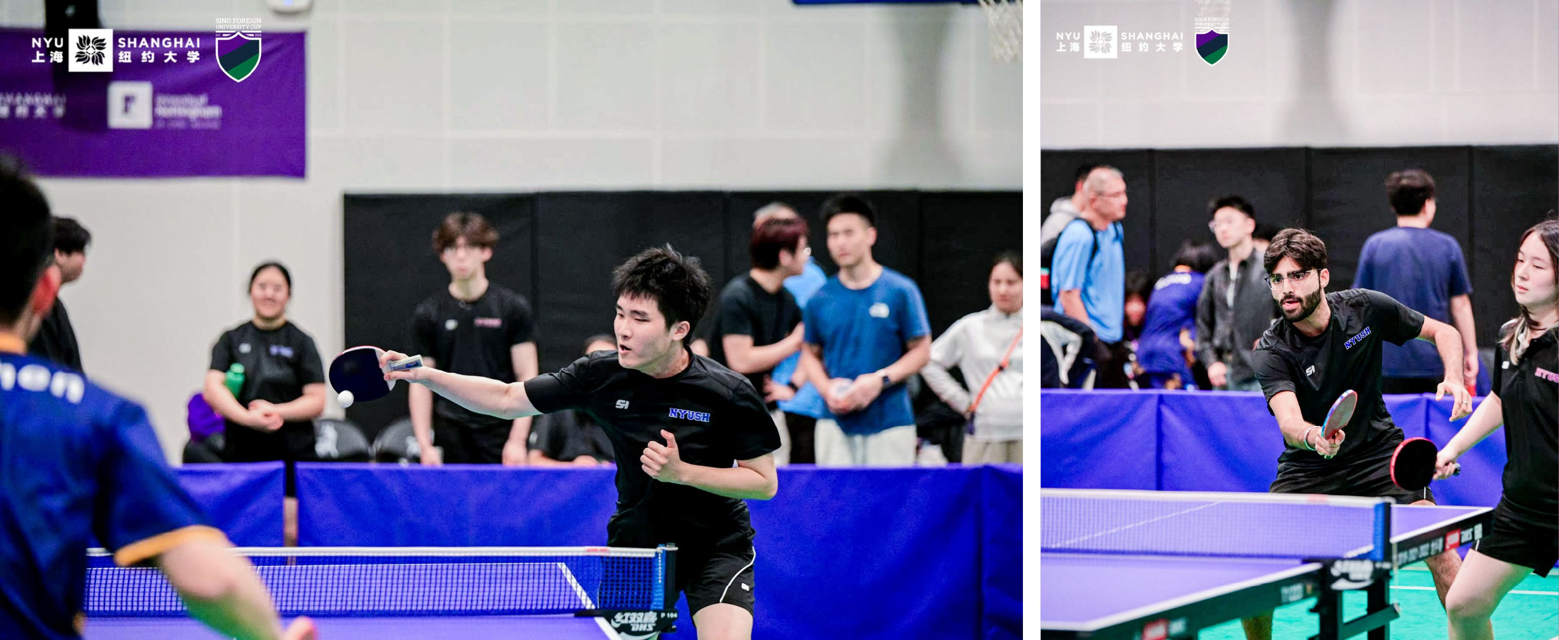 Left: Table tennis captain in action: Zhu Xiaowen ’26. Right: Rudy Bhukhanwala ’26 and Helen Zhang ’29