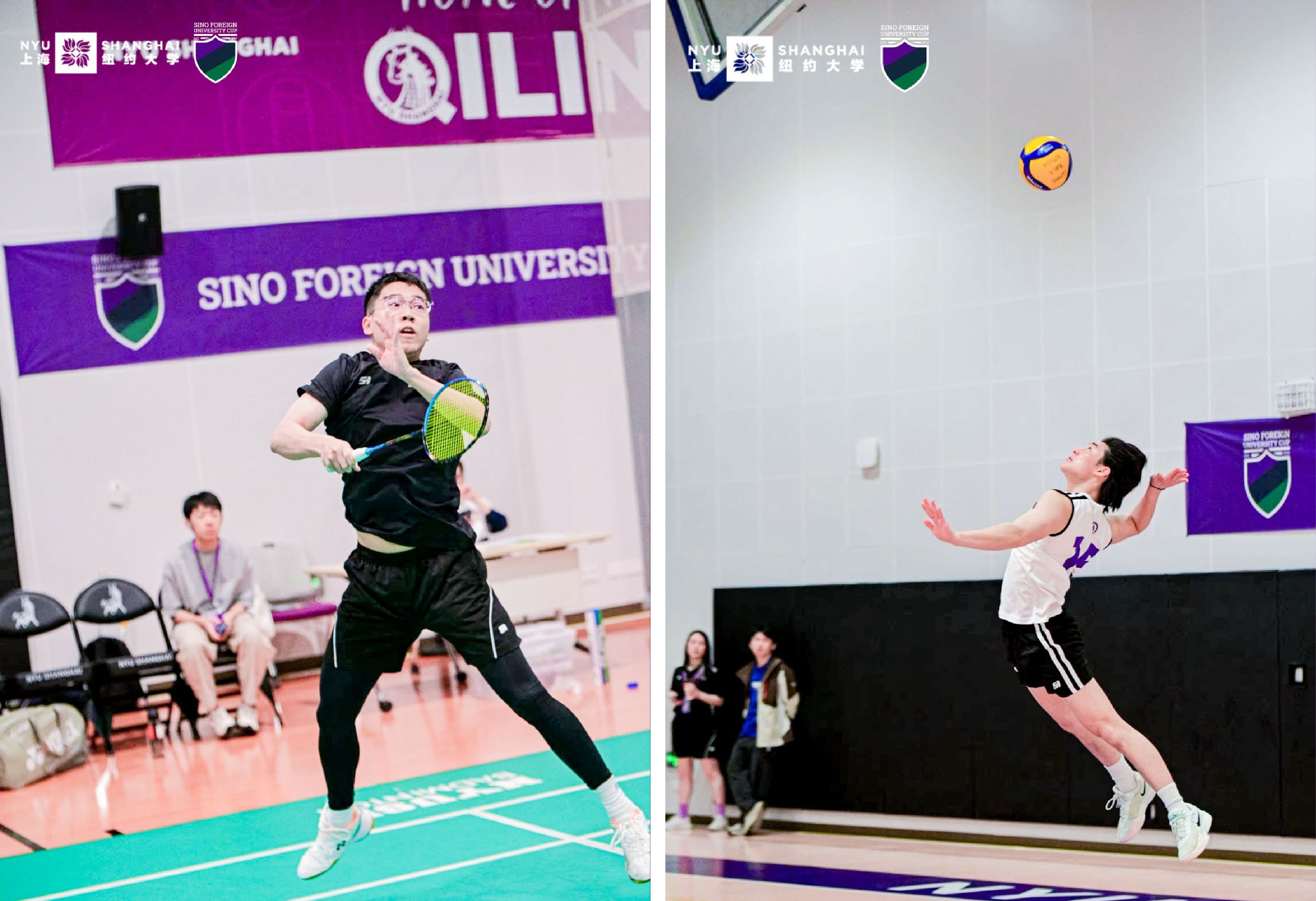 Jumping into action: Zhou Keyu ’28, captain of the badminton team (left) and Nathan Chi ’28 from the men’s volleyball team (right).