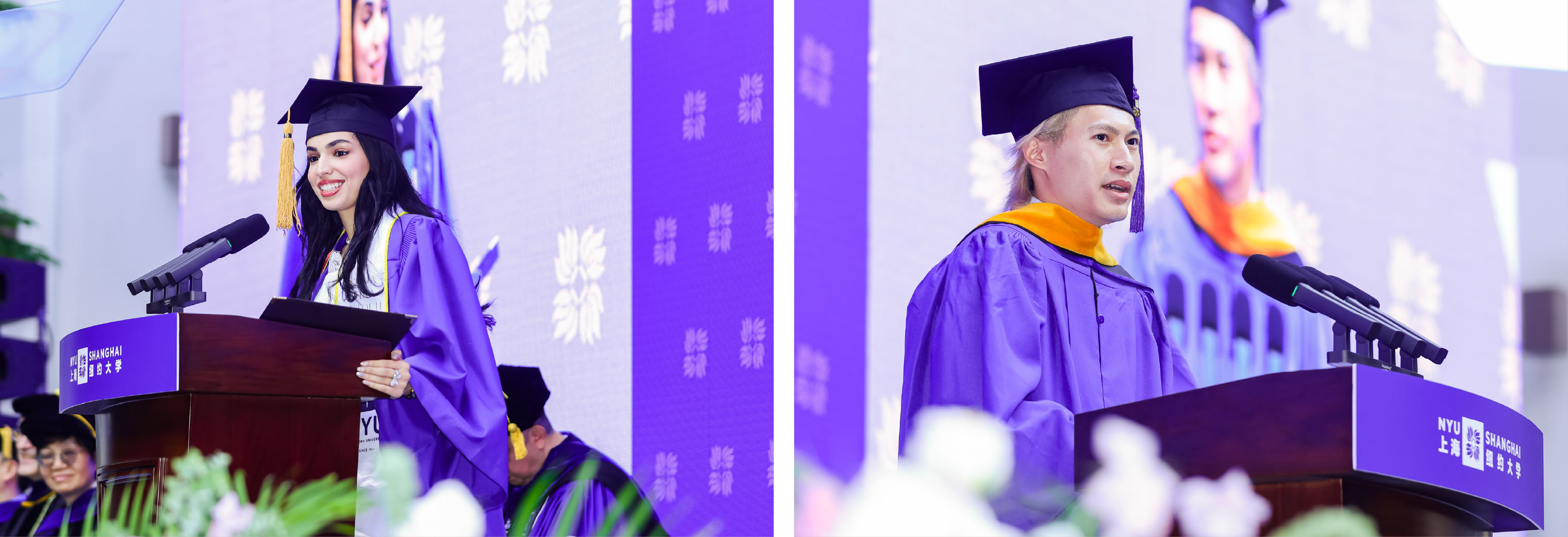 Left: Fatima Zahra Foutouh ’26 delivering her speech. Right: Maotou Zhou, MS ’26 delivering his speech
