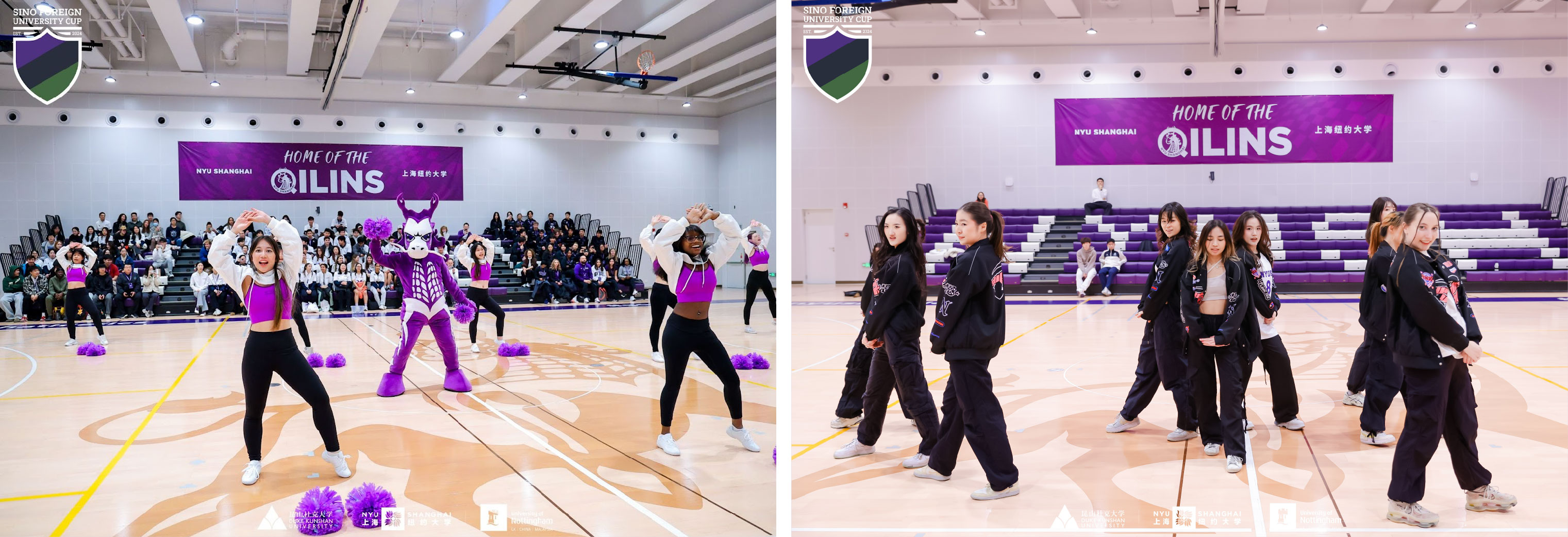 Left: Serving some #violetpride–NYU Shanghai’s Cheerleading Club teamed up with the Qilin for their performance at the opening ceremony. Right: NYUSH SOS Dance Club performing during half-time at the basketball game.