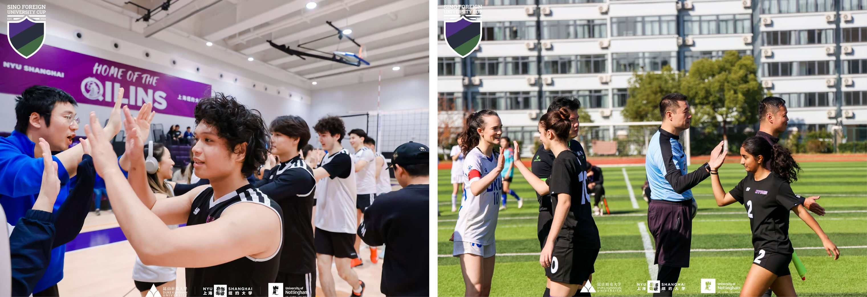 NYU Shanghai’s men’s volleyball team (left) and women’s soccer team (right) show sportsmanship by greeting opponents with high fives after the game. 