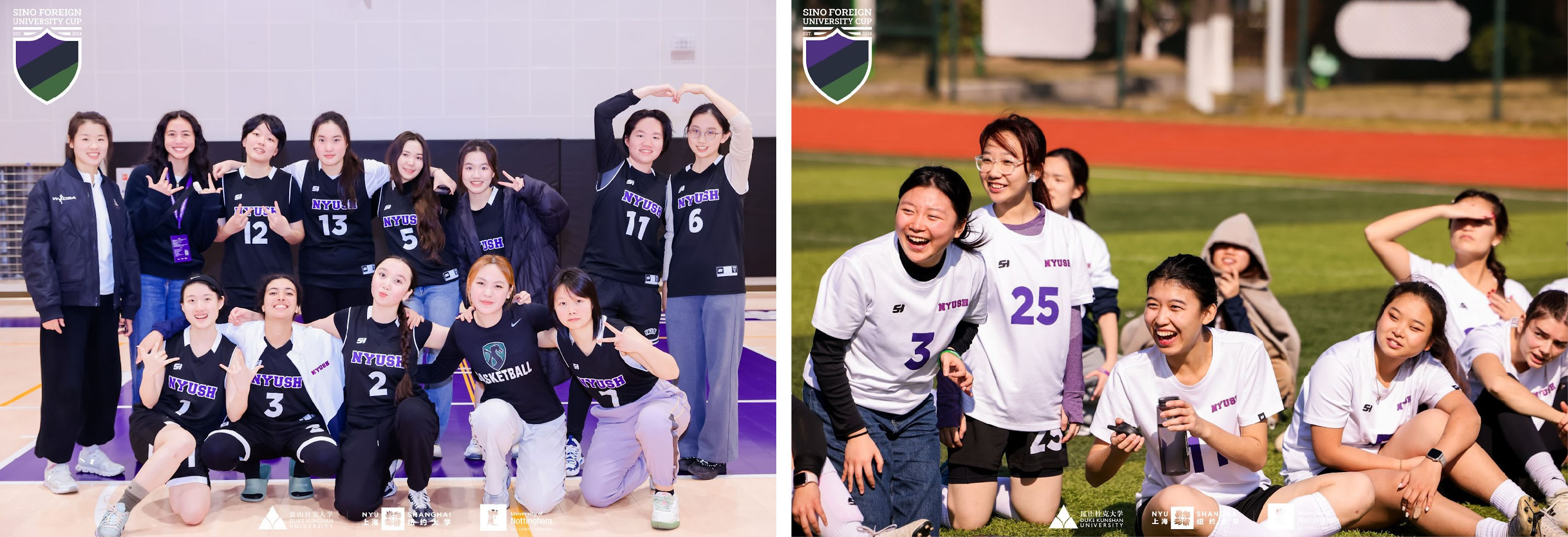 Left: Hajar Makchan ’28 (number 3) with the women’s basketball team. Right: The women’s soccer team cheers teammates from the sidelines.