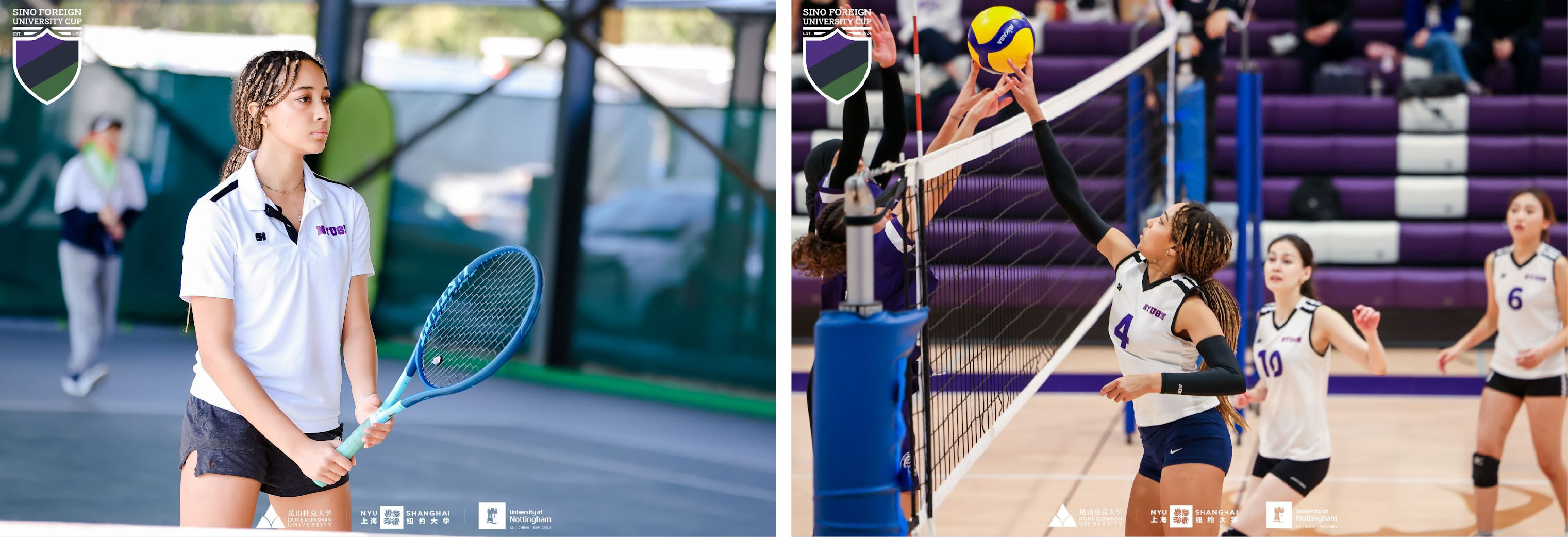 Island Gabler ’28 locked in during her tennis match (left) and volleyball game (right)