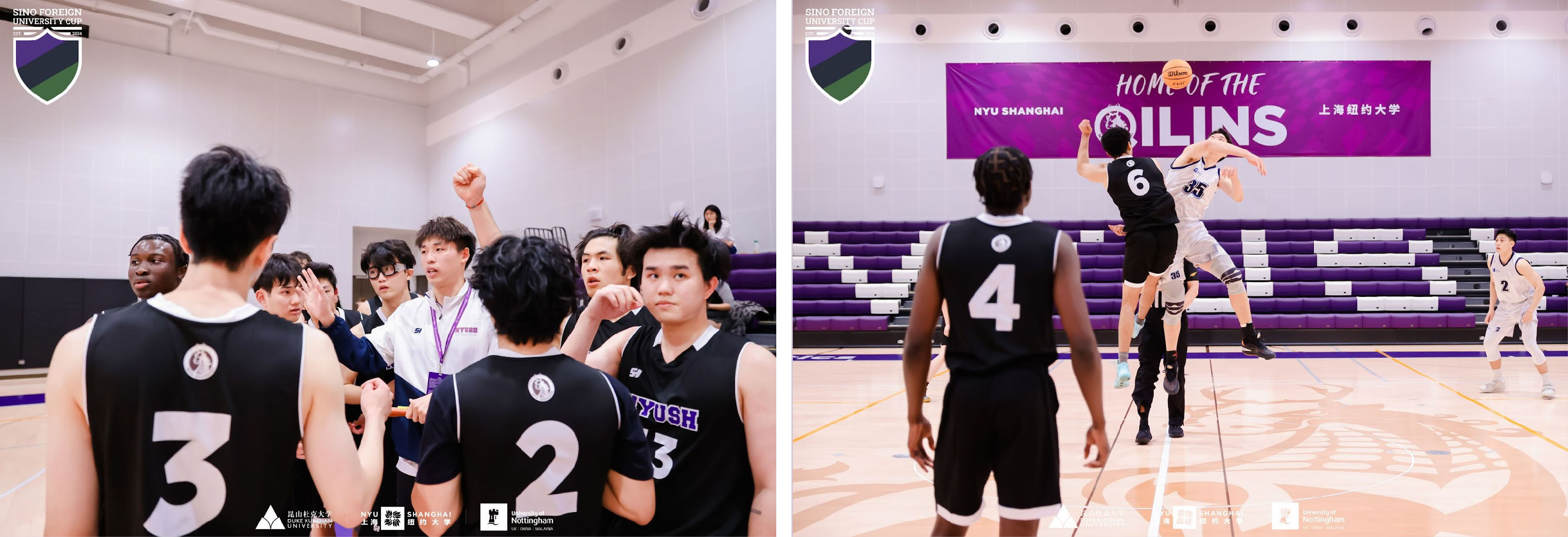 Left: Men’s basketball team at the tip-off. Right: team huddle