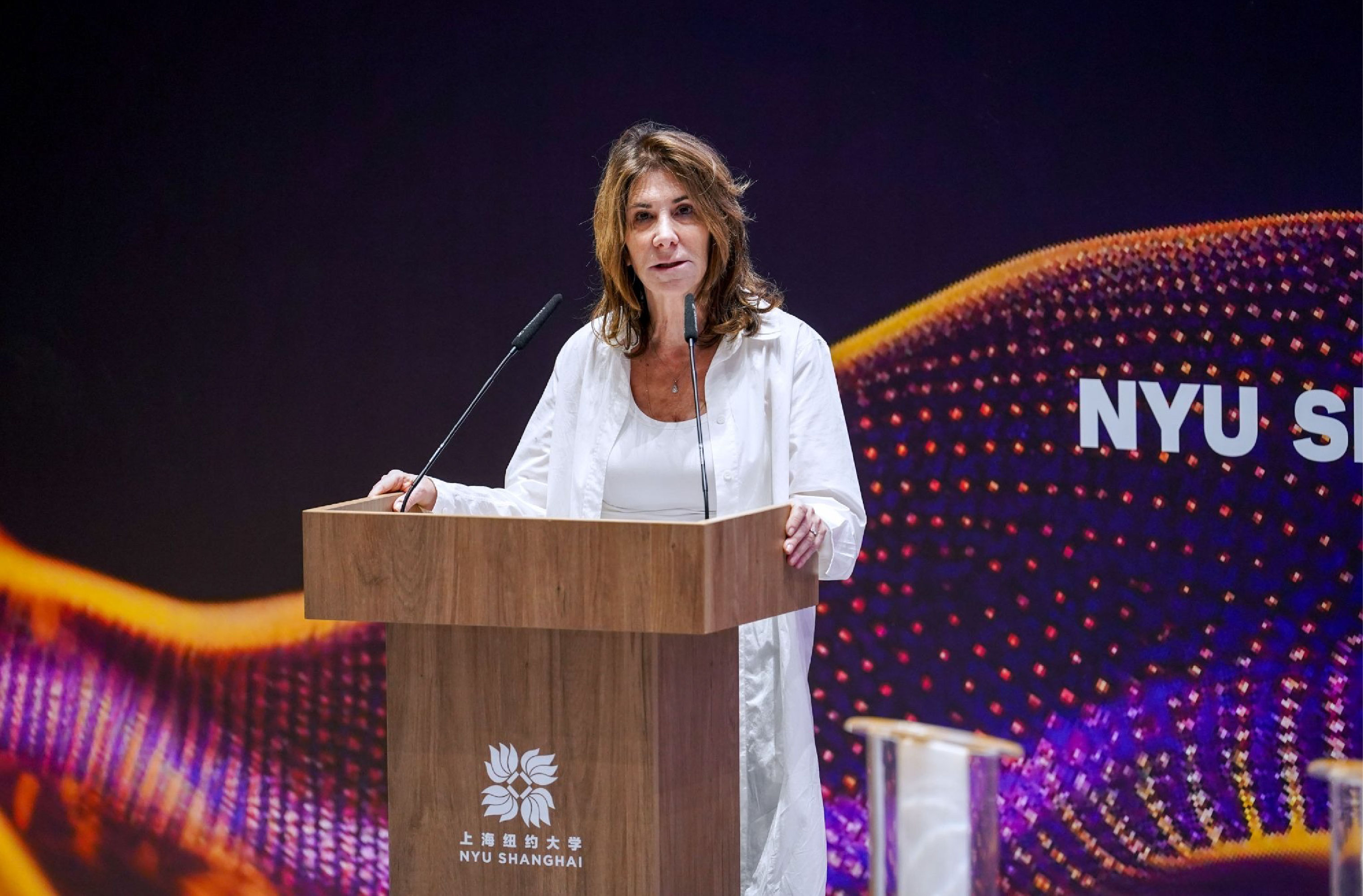 NYU President Linda G. Mills delivered opening remarks at the launch ceremony