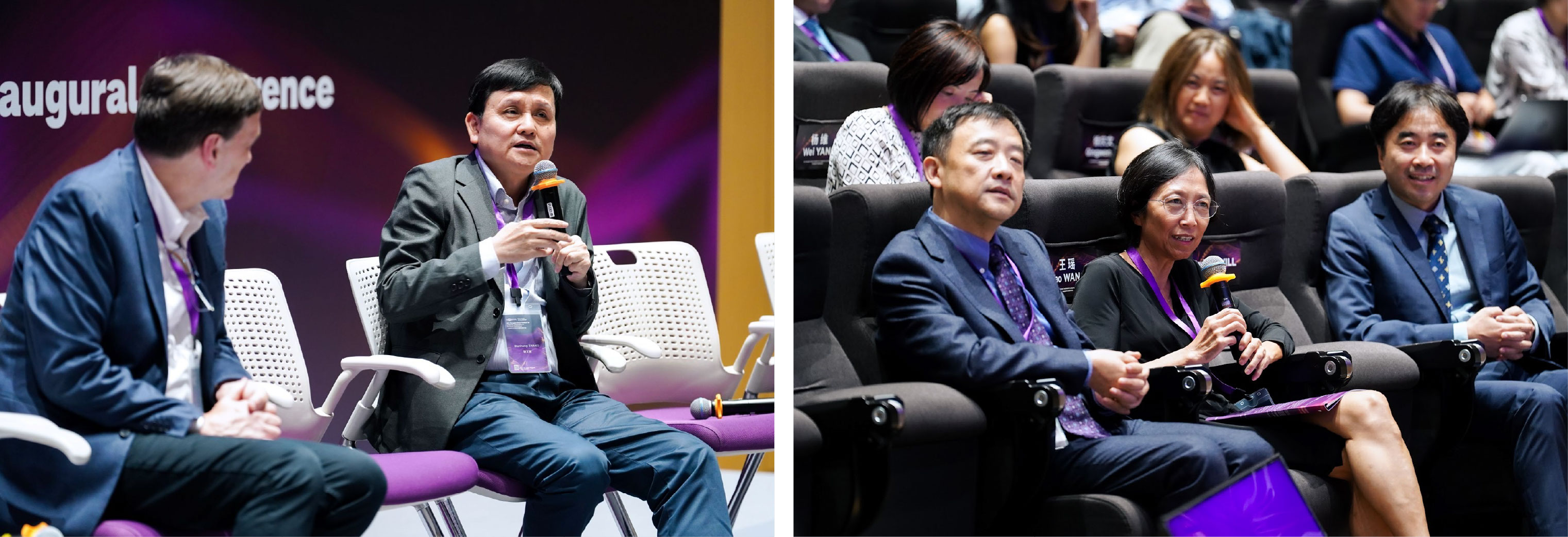 左:上纽大文理学部主任David Atwill和复旦大学感染与健康研究院院长张文宏在对话环节 右:上纽大商学部主任陈宇新(左),计算机、数据科学与工程学部主任王瑶(中)和上海市城市设计与城市科学重点实验室主任关成贺在台下参与对话