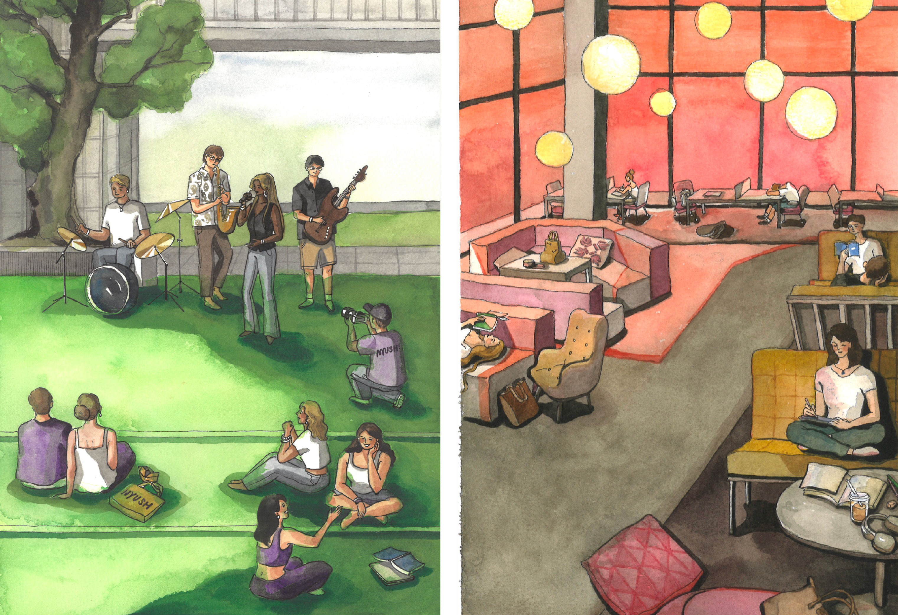 Left: Students enjoying and performing live music on NYU Shanghai’s grassy quad. Right: NYU Shanghai’s Reading Hall, a quiet and popular campus study spot
