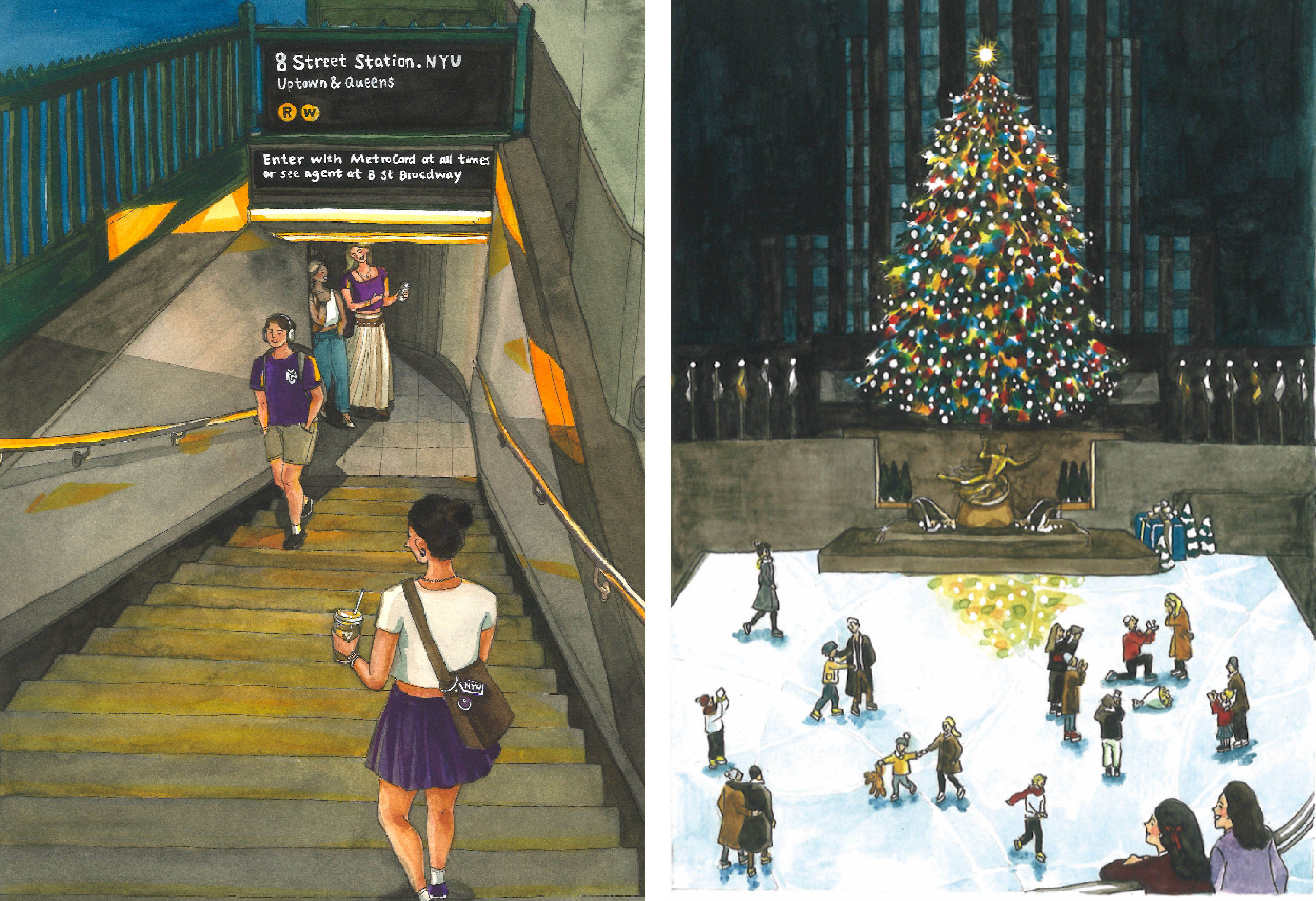 Left: A metro station in New York City. Right: A proposal amid ice skaters at Rockefeller Center during Christmas time. “I think it’s a very romantic and celebratory moment,” says Sissi. 