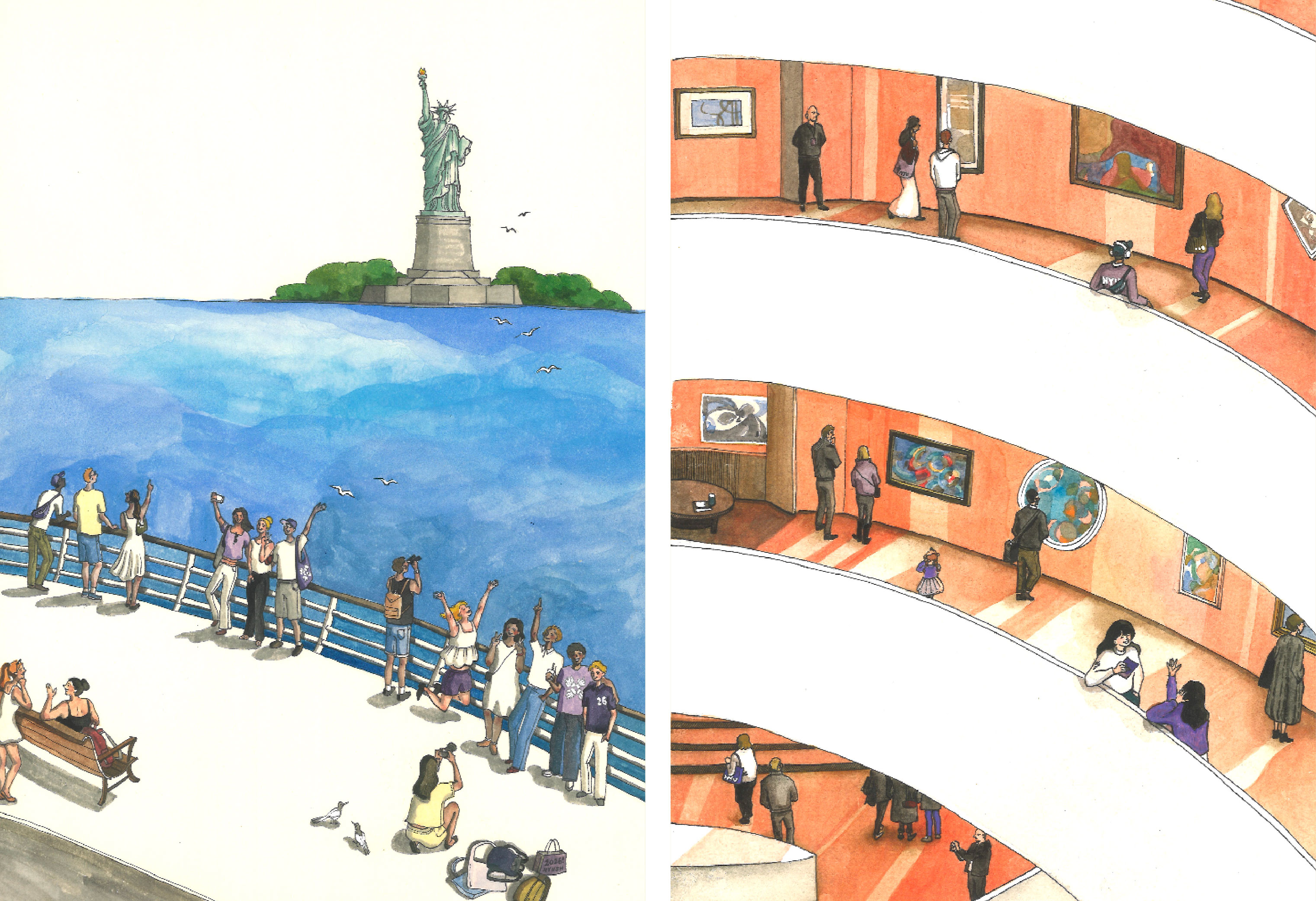 Left: Friends posing before the Statue of Liberty. Right: The Solomon Guggenheim Museum