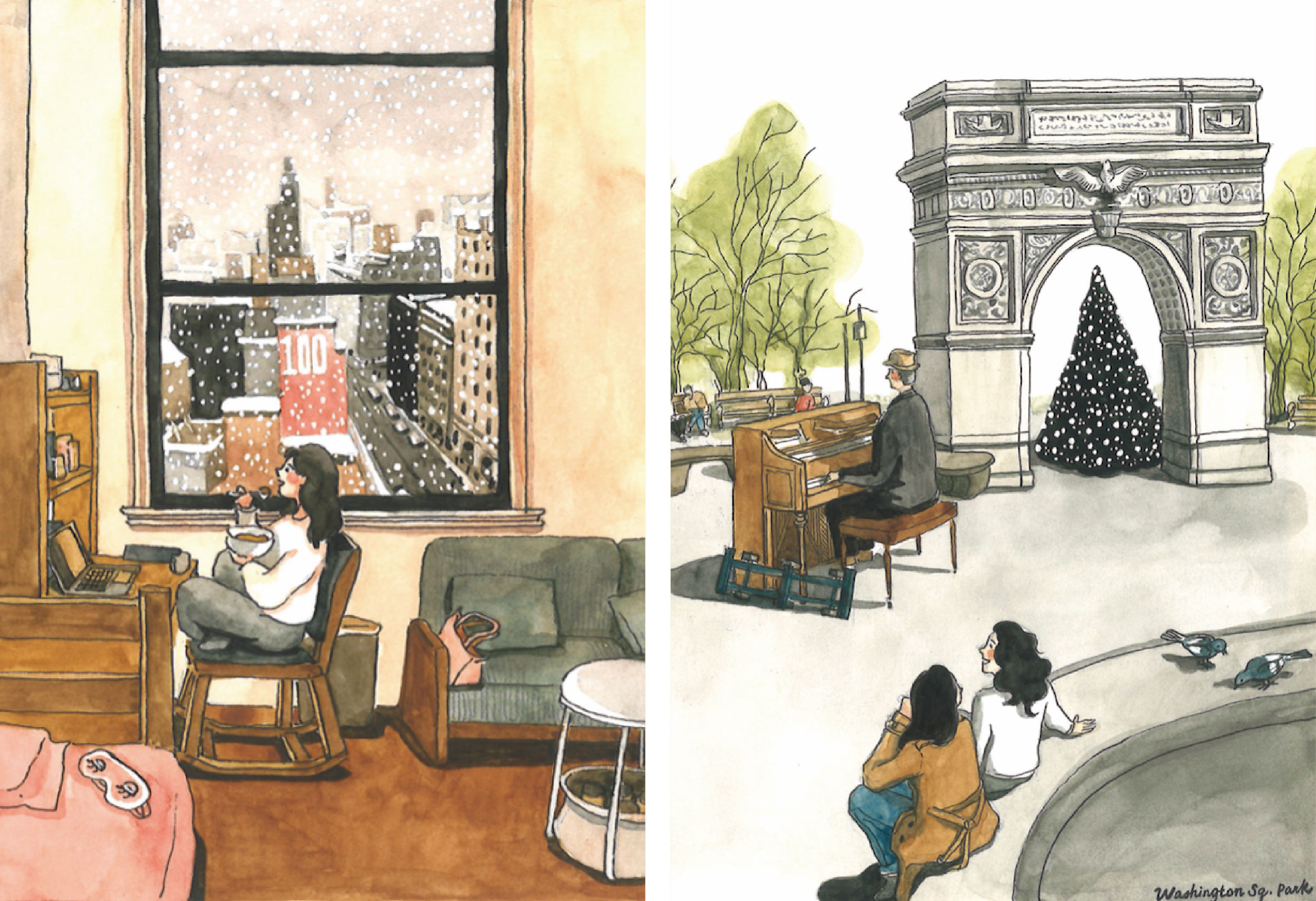 Left: Winter at the NYU dorm on 80 Lafayette Street. Right: Enjoying live music at Washington Square Park