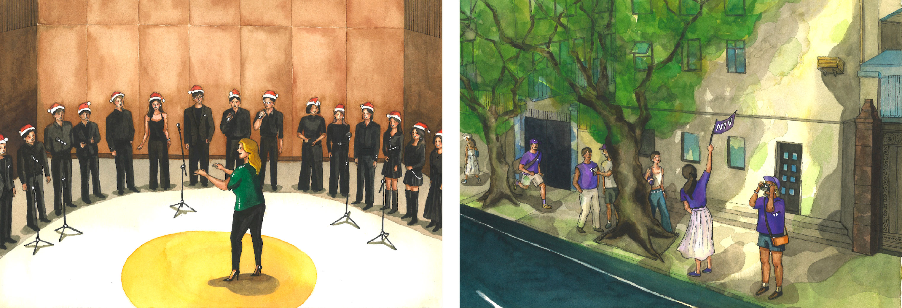 Left: A performance by NYU Shanghai’s a cappella singers, Octave Fusion. Right: Students touring the streets of Shanghai