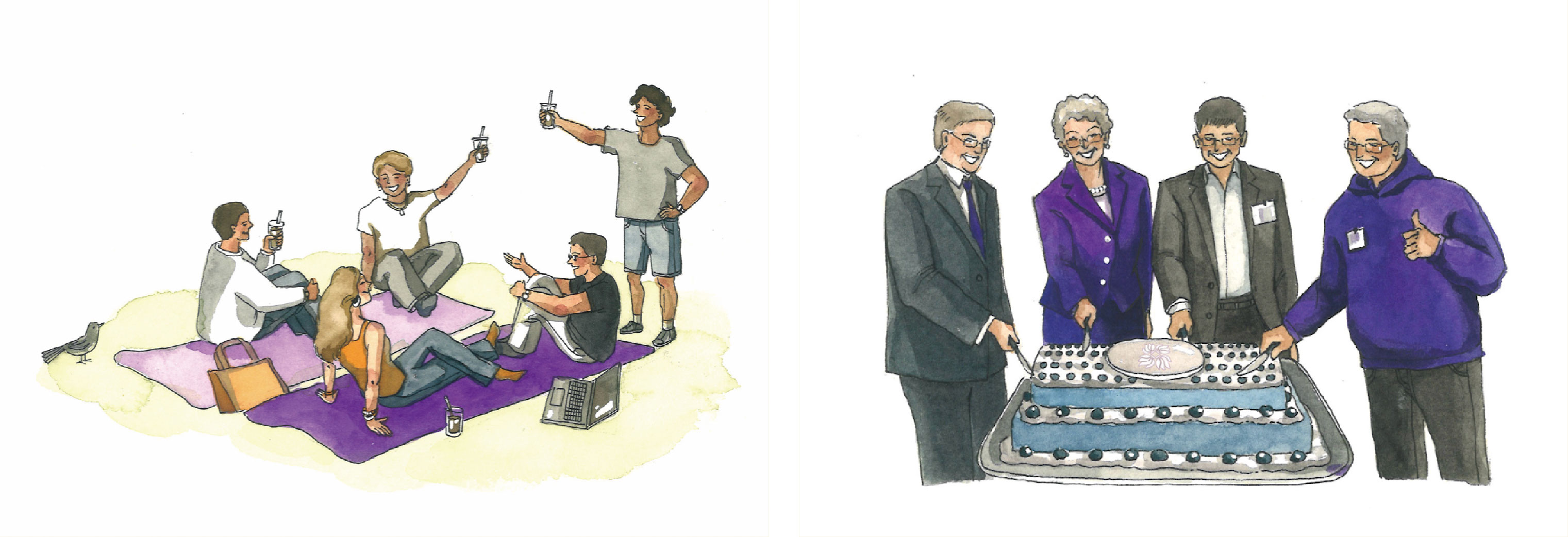 Left: Friends sharing bubble tea on purple yoga mats with laptops out on the grass? Must be NYU Shanghai’s central quad. Right: NYU Shanghai leadership cutting the cake at the University’s 10 year anniversary celebrations. 