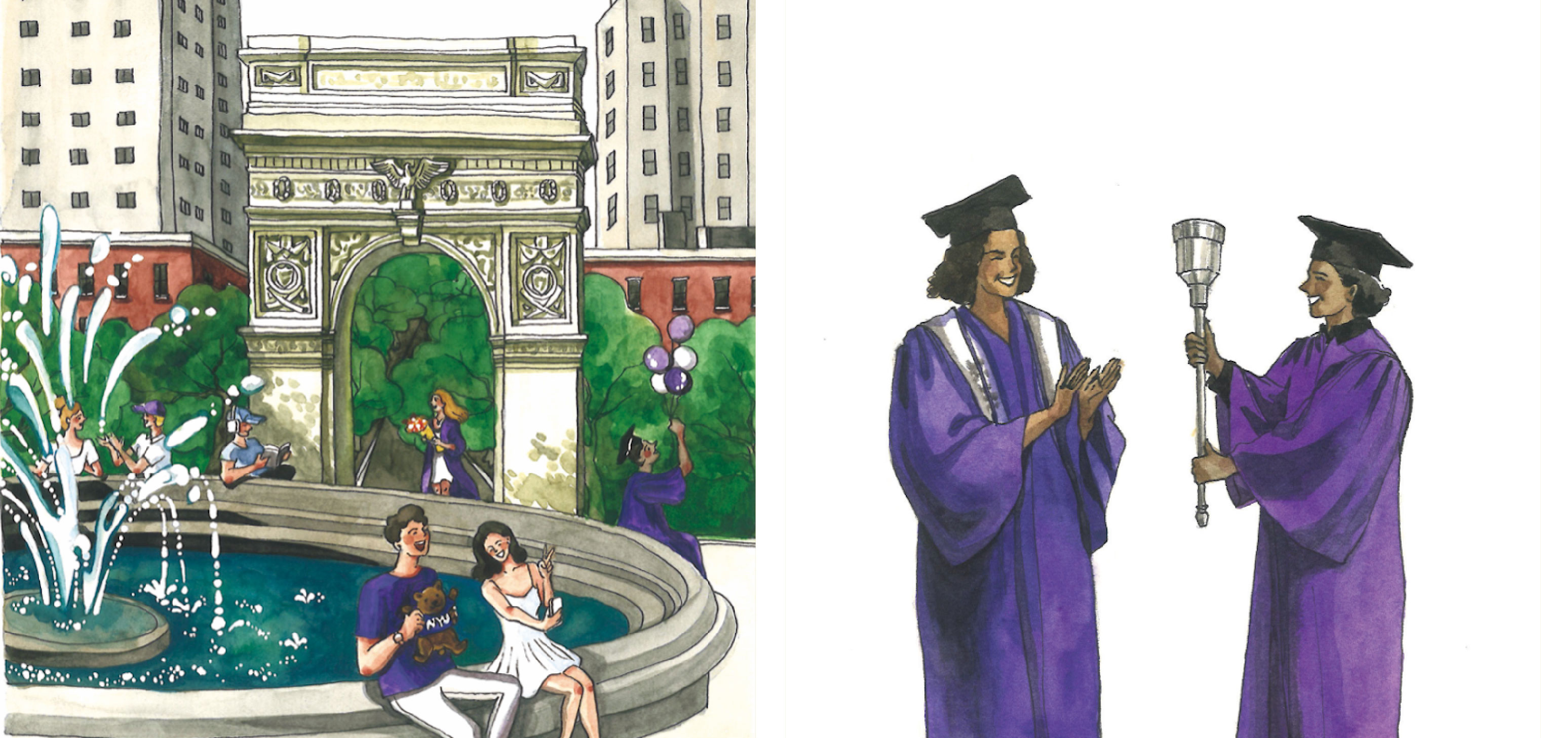 Left: NYU graduation season at Washington Square Park. Right: Students pass the torch at NYU Shanghai’s commencement ceremony.