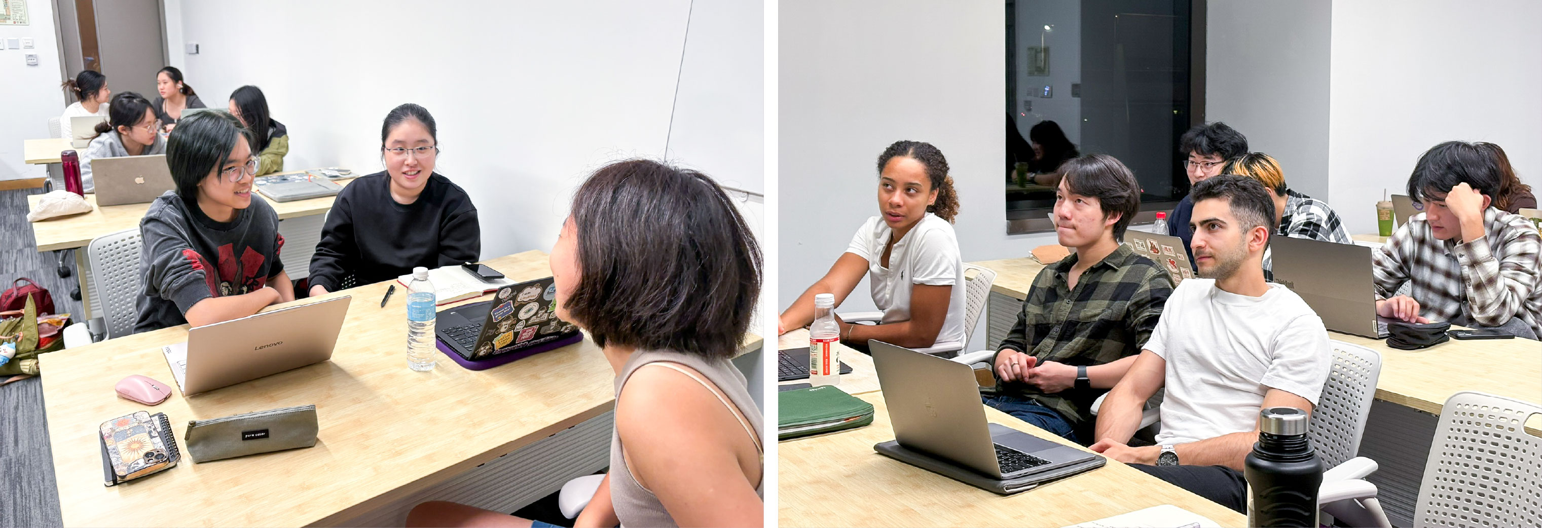 Left: Hao Yue and Cai Jiaxi attending a weekly training session led by Campus Director Cindy Zhang. Right: Mailys Oka, Messi Mei Hexi, Hayk Ter-Matevosyan immersed in discussion during the training session.