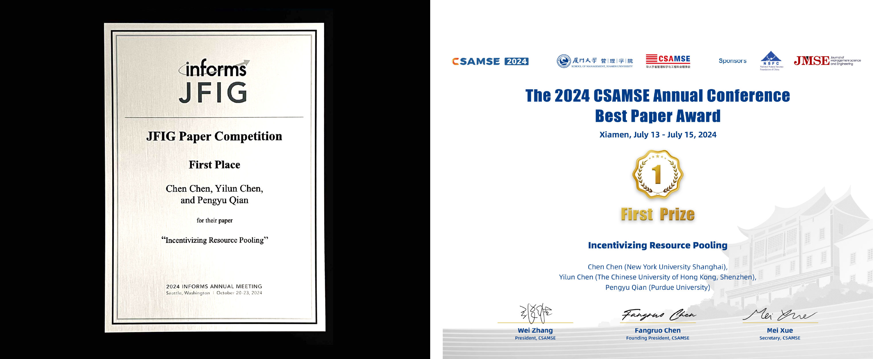 The paper won the First Place in the 2024 INFORMS Junior Faculty Interest Group (JFIG) Paper Competition (left) and the 2024 CSAMSE Best Paper Award (right)