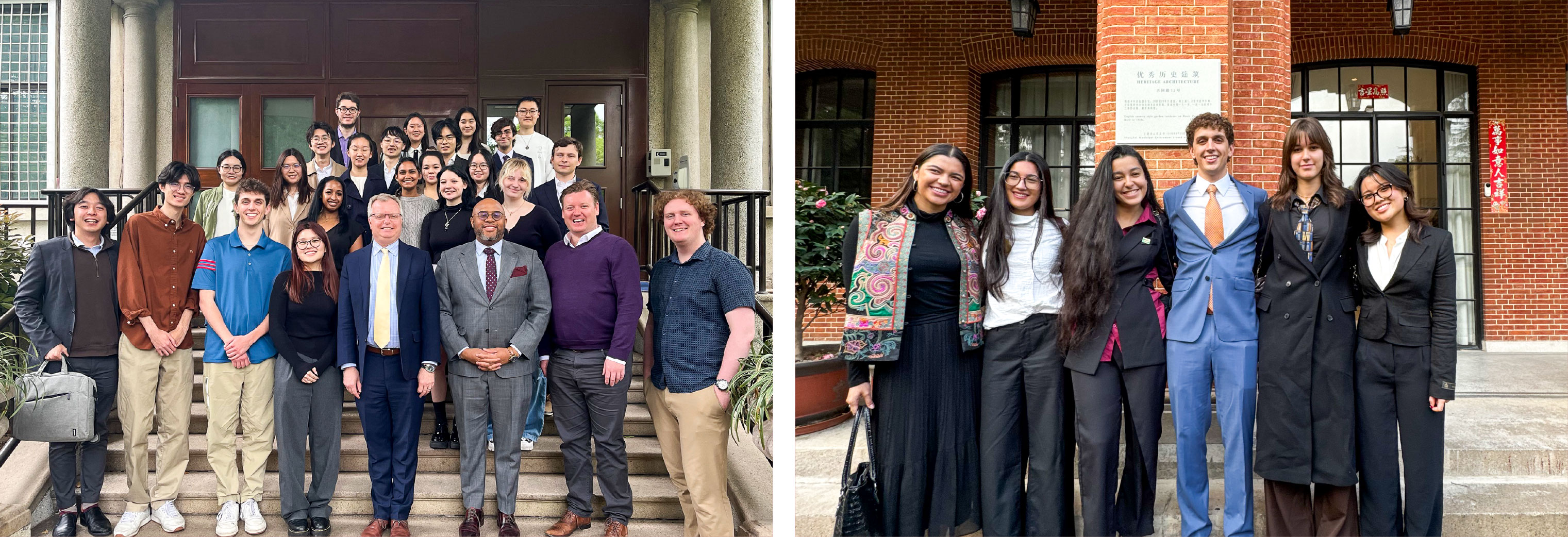 Left; CAPTION: US-China relations class visiting the US consulate in Shanghai. Spring 2024 Right: Law and Policy Society executive board at American Chamber of Commerce event. Fall 2025 