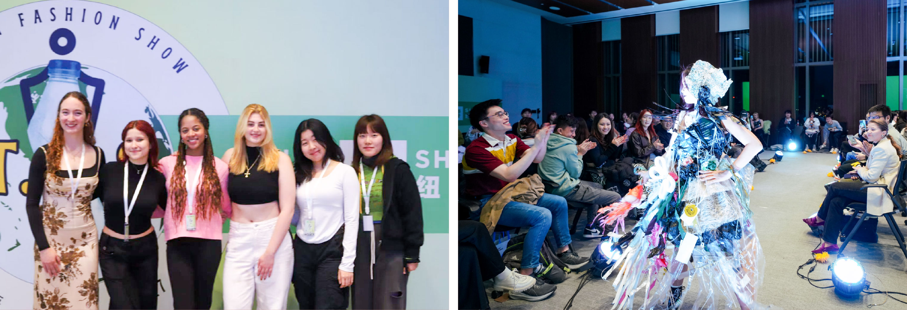 As president of Green Shanghai, Raquel Jimenez ’26 (second left in the photo on the left) co-organized the 2023 Trash Fashion Show 