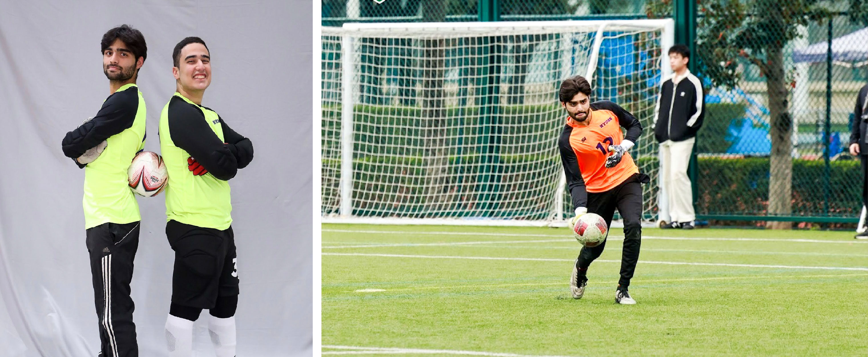 Left: Soccer photoshoot with teammate Gabriel Ferreira. Right: Goalkeeping at the 2026 Sino Foreign University Cup (SFUC)