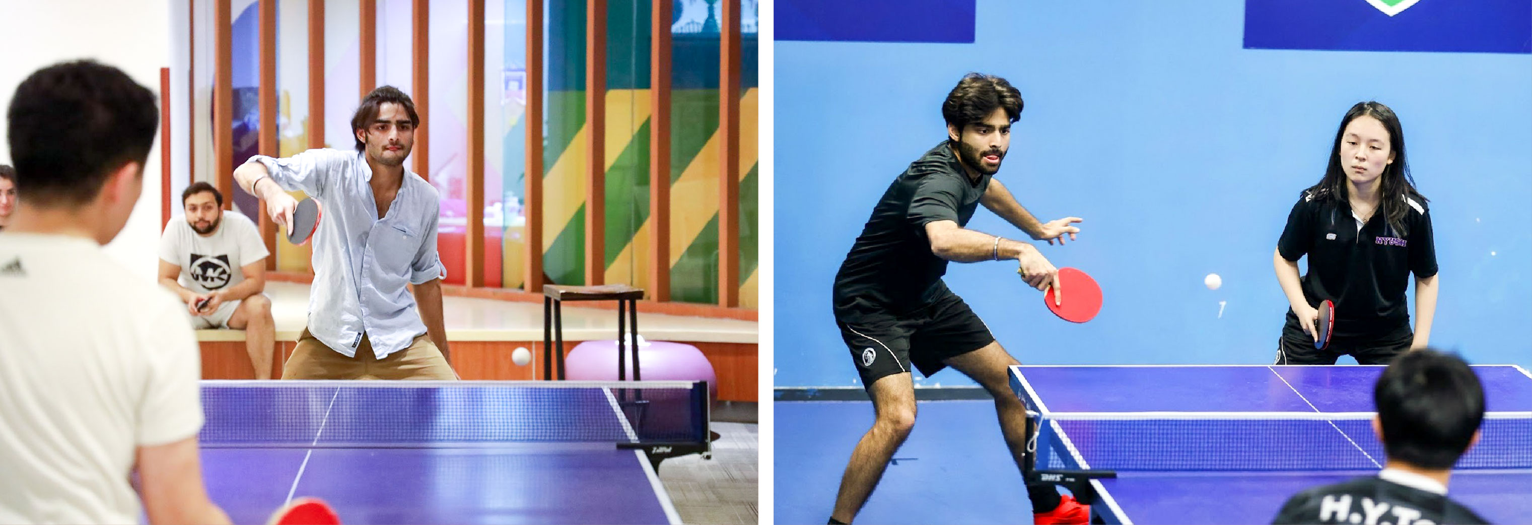 Left: Table tennis at NYU Shanghai’s previous campus on Century Avenue, in Pudong. Right: Competing at the 2nd leg of the 2026 Sino Foreign University Cup (SFUC) in March, 2026.