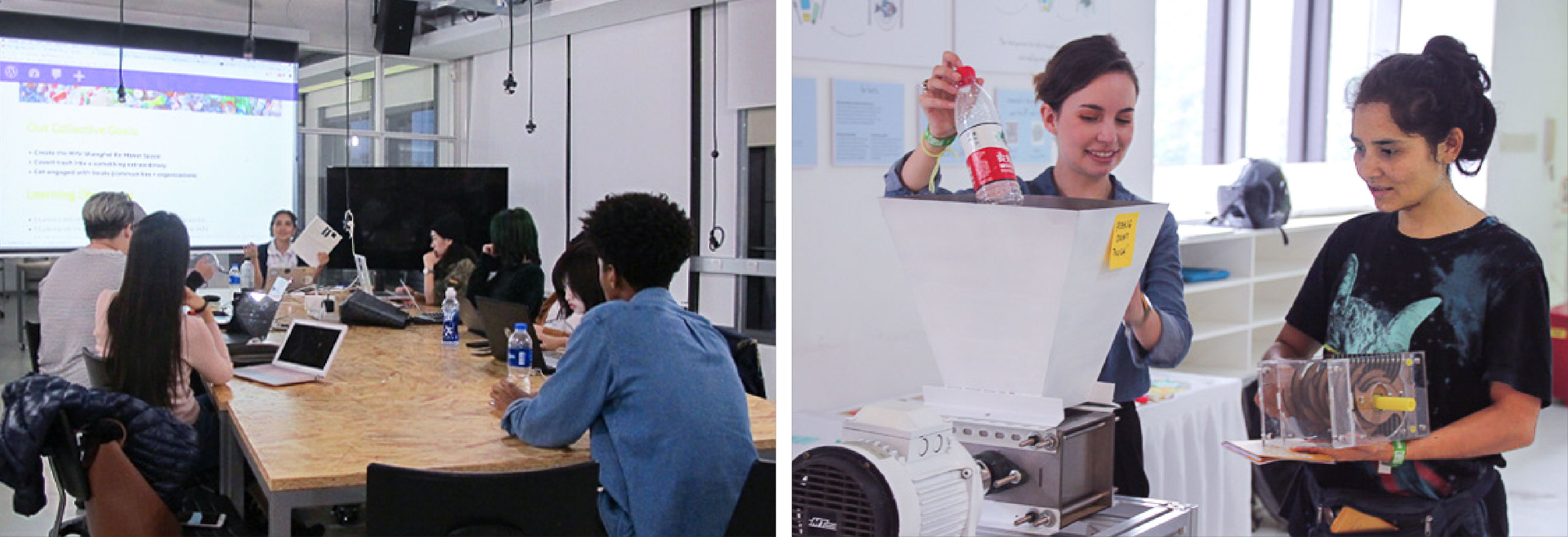 Left: Godoy first taught Re-Made in China—a course guided by principles of sustainable design philosophy—in October 2018. Right: Godoy (on the right), demonstrating how to use a plastic shredder that she built.