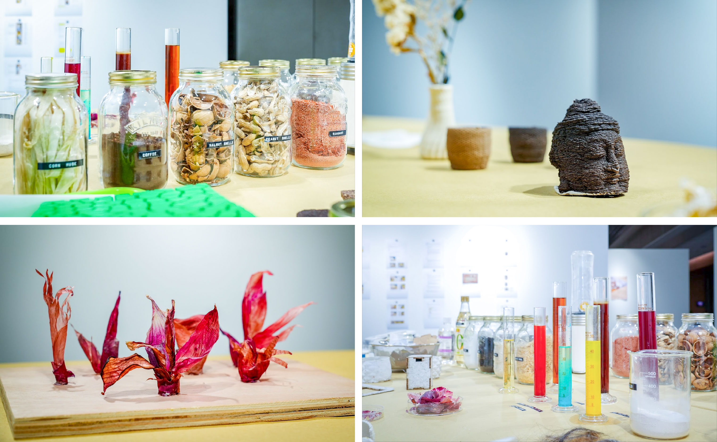 A pop-up exhibition of the Natural Materials Studio showcases delicate artworks and the natural materials used to make them–including coffee grounds, eggshells, and onion skins.