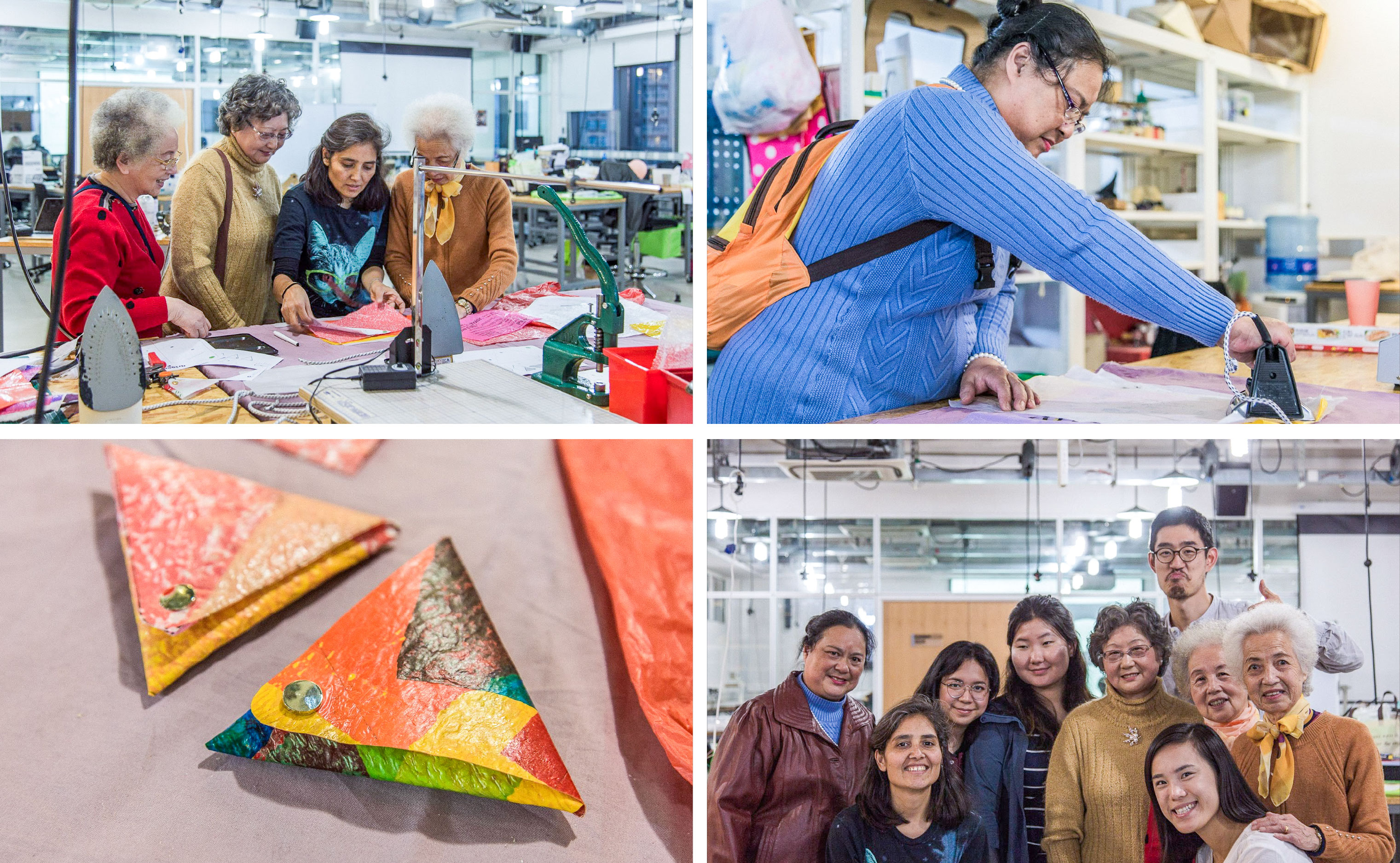 With students and members of the Weifang Jiedao community in the ReMakerspace, making coin purses using plastic bags and irons.