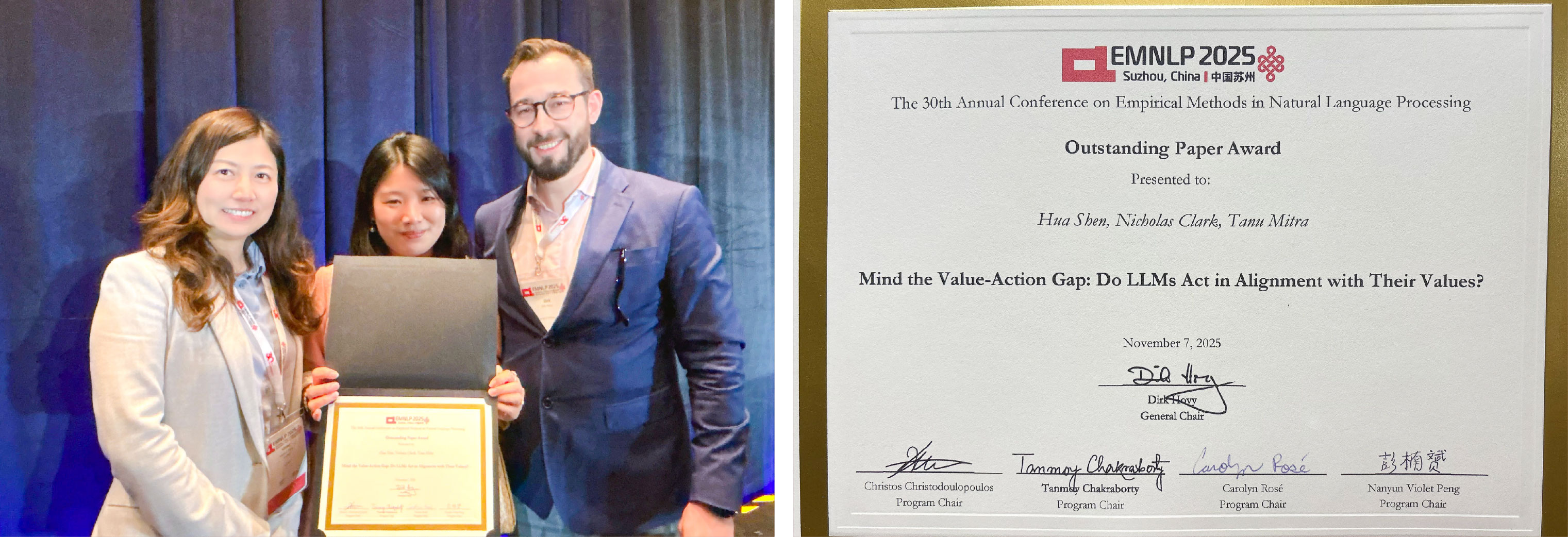 Professor Shen receiving the award at EMNLP 2025 