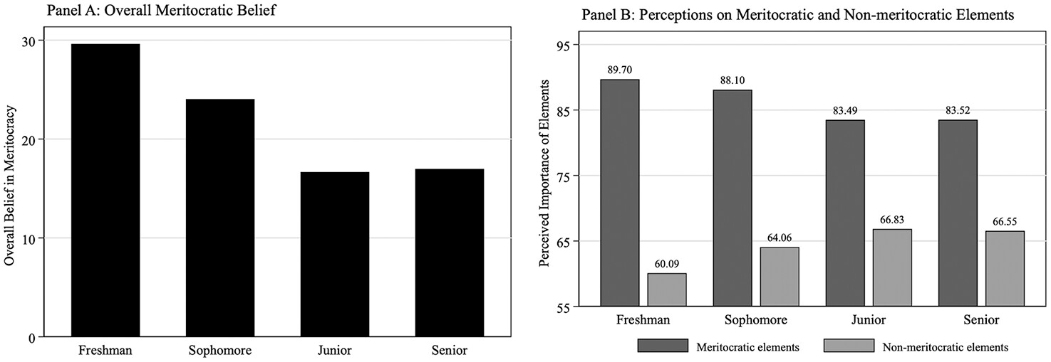 Change of meritocratic beliefs over college years among undergraduates