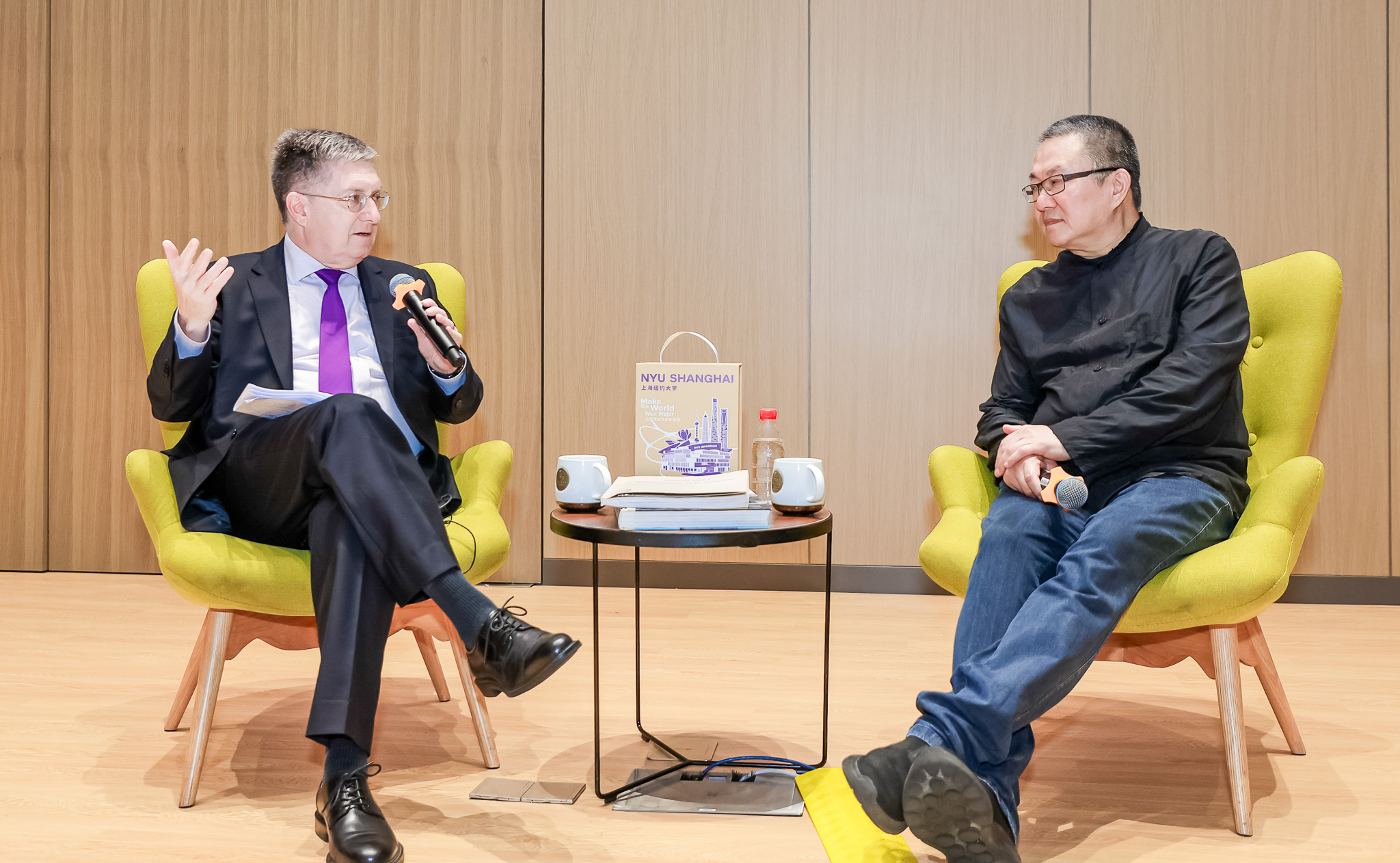 Vice Chancellor Jeffrey Lehman in conversation with Wang Shu before fielding questions from the audience.