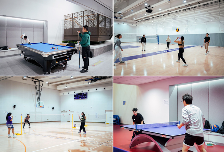 students using the facilities including pool table, table tennis, volleyball, and badminton courts