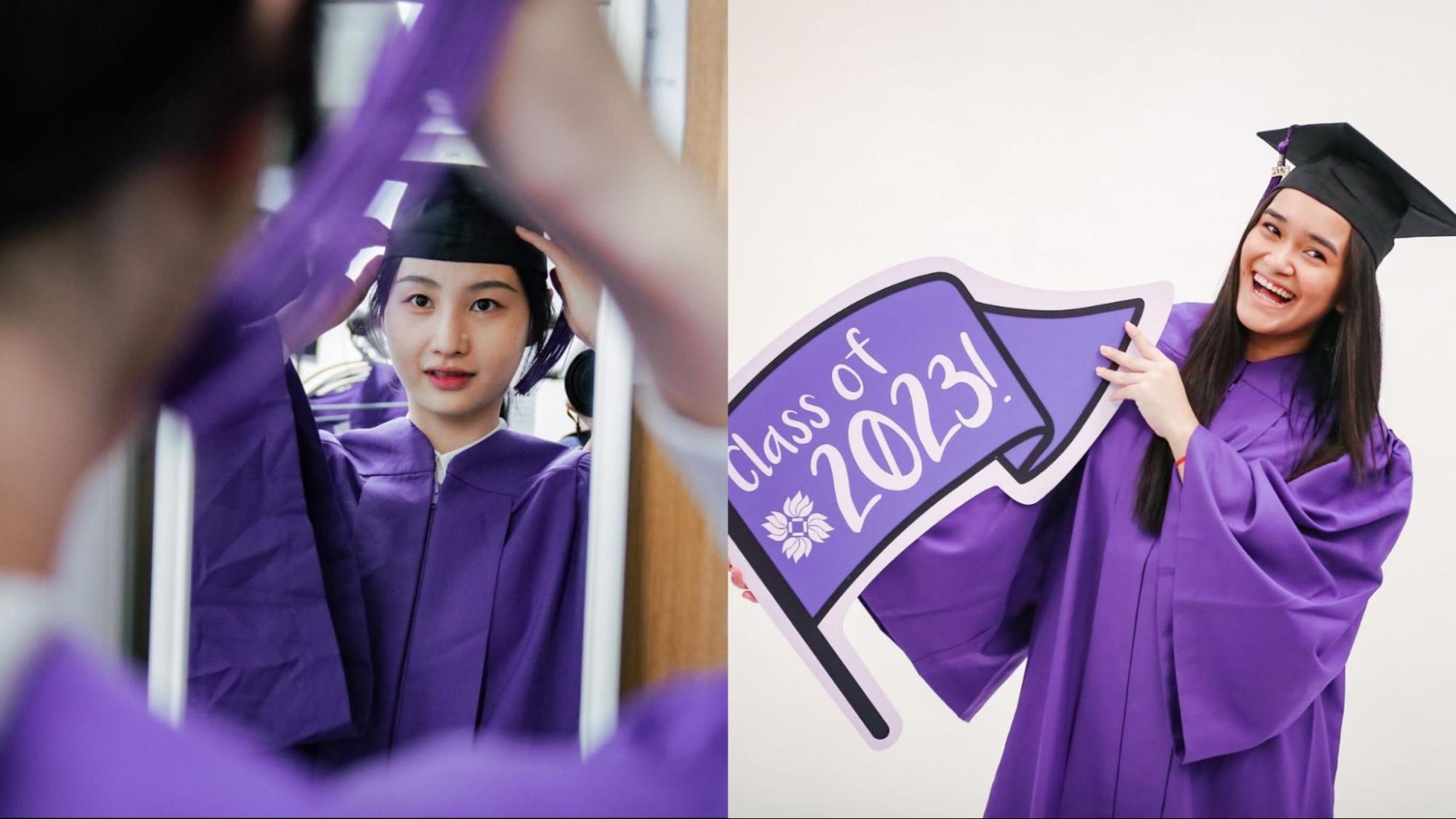students trying on their purple caps and gowns 